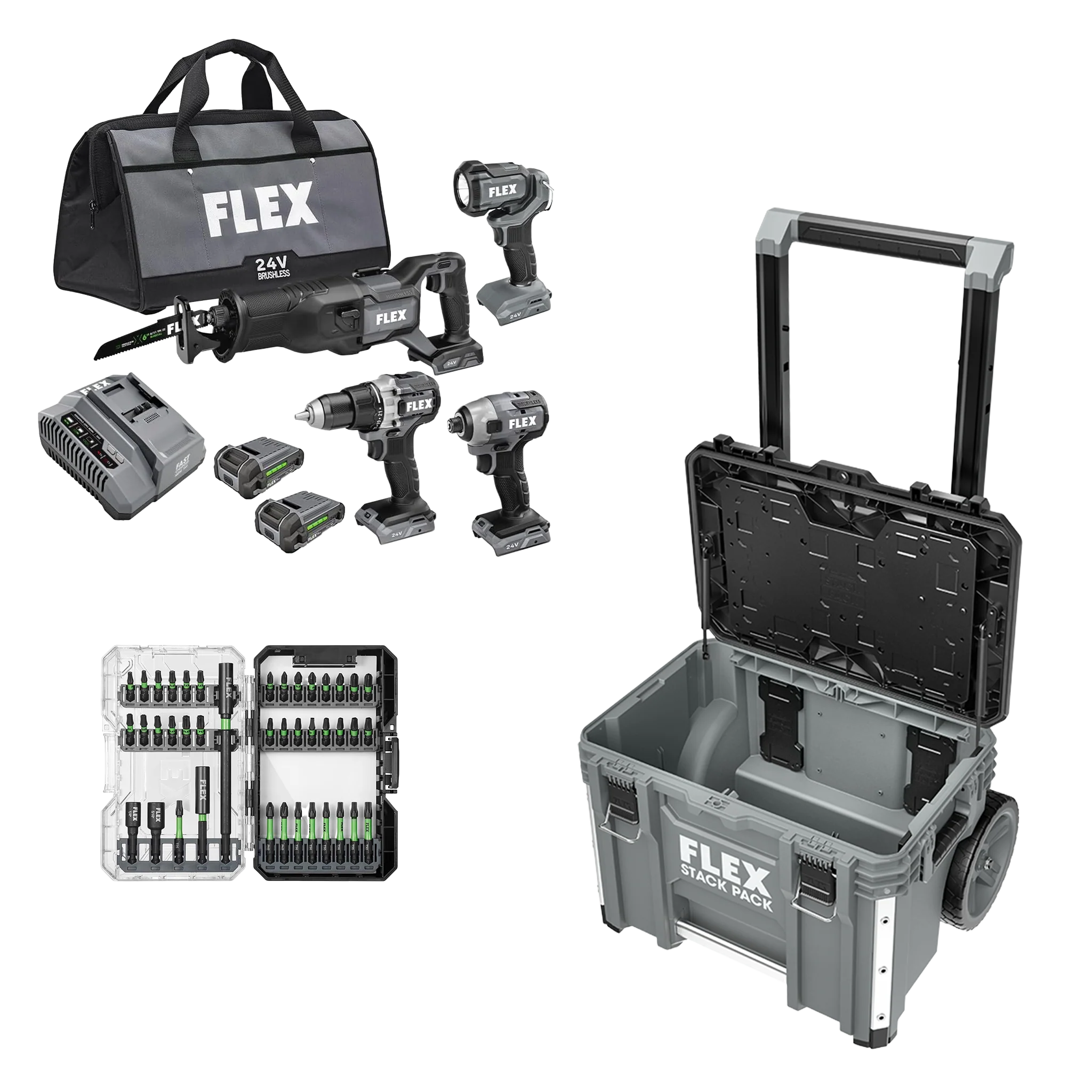 Enhanced FLEX 24V 4-Tool Combo Kit 41-Pc. Impact Driver Bit Set Stack Pack™ Rolling Tool Box User-Friendly