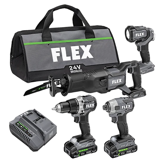 Traditional FLEX 24V Drill Driver Impact Driver Reciprocating Saw and Work Light Kit Soft