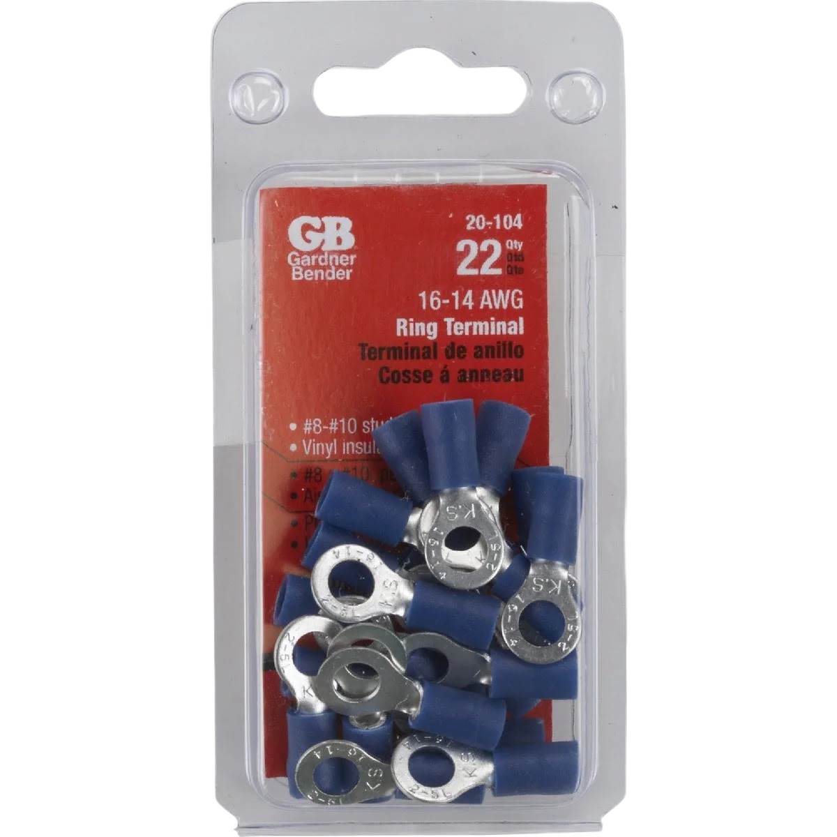 Top-Quality Gardner Bender 16 to 14 AWG 8 to 10 Vinyl-Insulated Barrel Ring Terminal 22-Pack Genuine