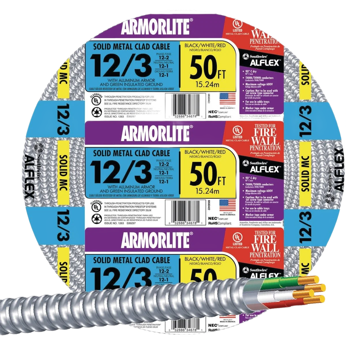 Consistent Southwire 50′ 12 3 MC Aluminum Armored Cable Smart