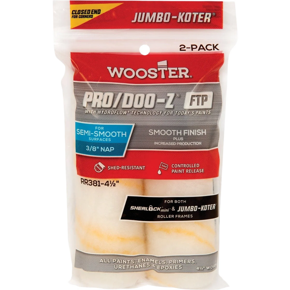 Lightweight Wooster Jumbo-Koter 4-1 2 x 3 8 in. Woven Fabric Roller Cover 2-Pack Consistent