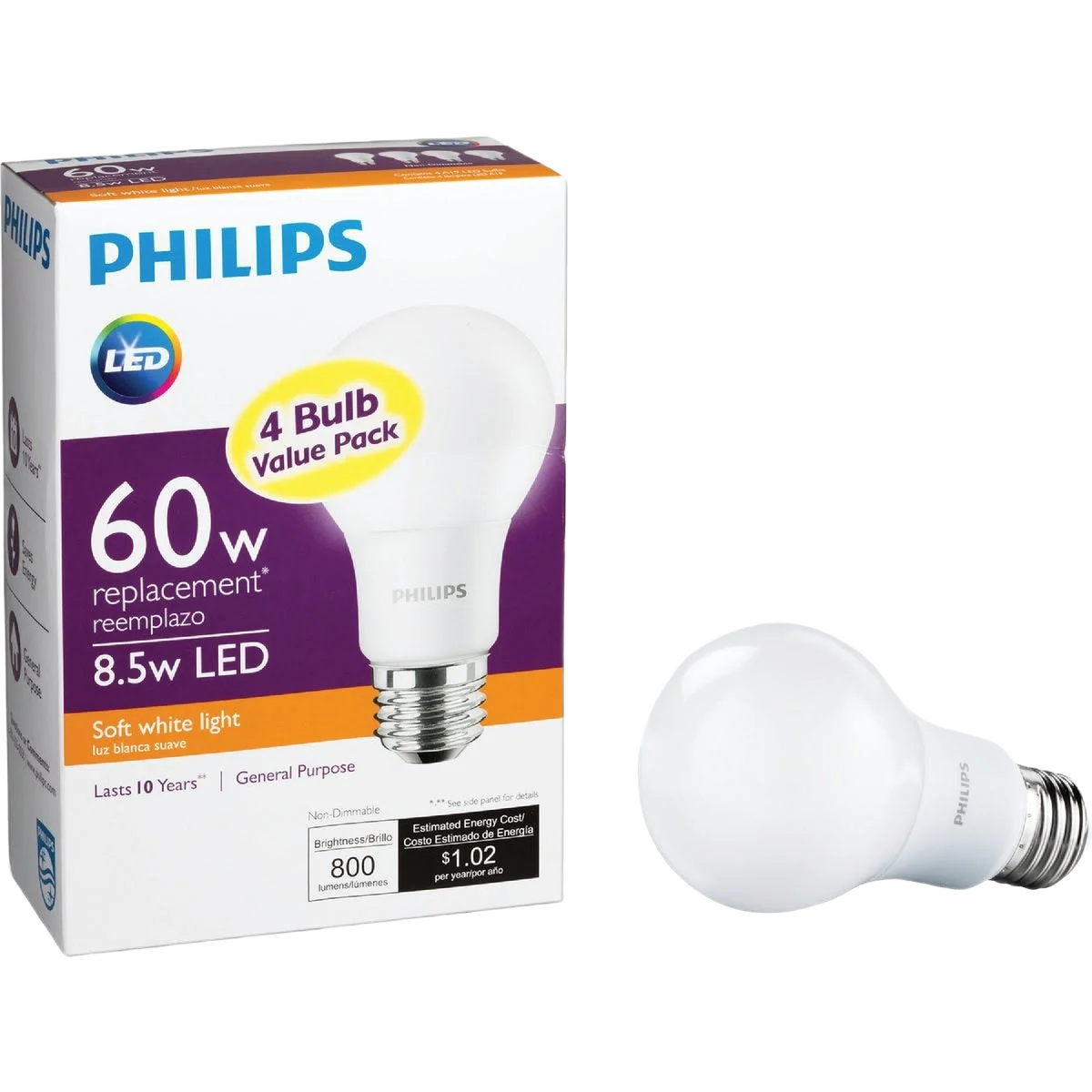 Professional Philips A19 LED 60W Equivalent Soft White Light Bulb 4-Pack Effective