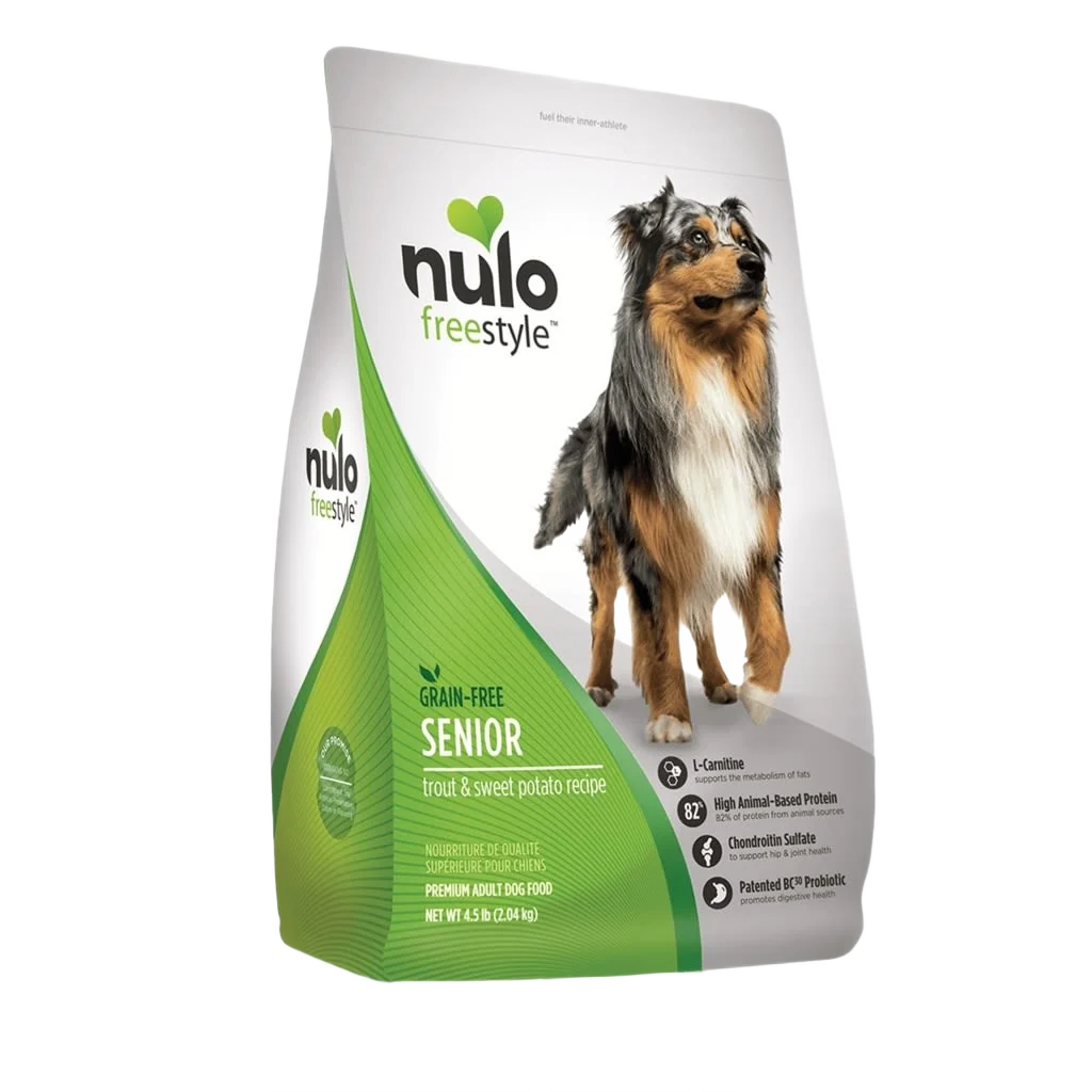 Solid Nulo style Trout Sweet Potato Senior Dry Dog Food 4.5 lb. Prestigious