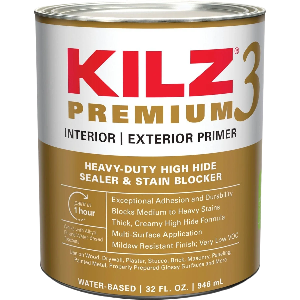 Organic KILZ White Premium Water-Base Interior Exterior Sealer Stain Blocking Primer Quart Clean