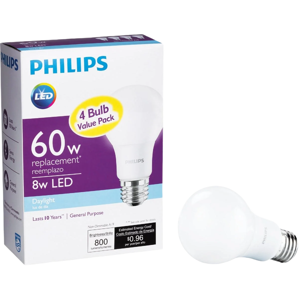 Sophisticated Philips A19 LED 60W Equivalent Daylight Light Bulb 4-Pack Classic