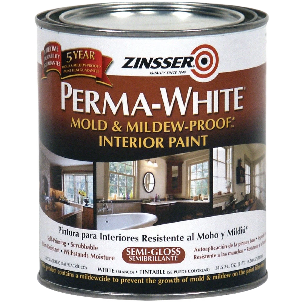 Smooth Zinsser Perma-White White Tintable Semi-Gloss Mold Mildew Proof Paint 1 Qt. Recyclable