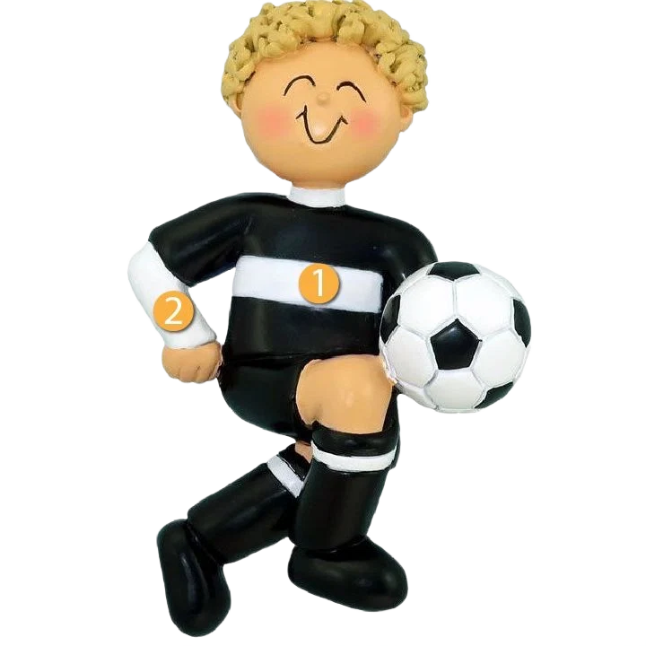 Pure Ornament Central Personalized Blonde Male Soccer Player in Black Uniform Ornament Verified