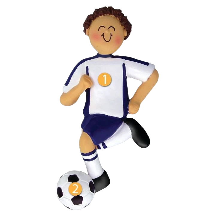 Convenient Ornament Central Personalized Brunette Male in Blue Soccer Uniform Ornament Quality