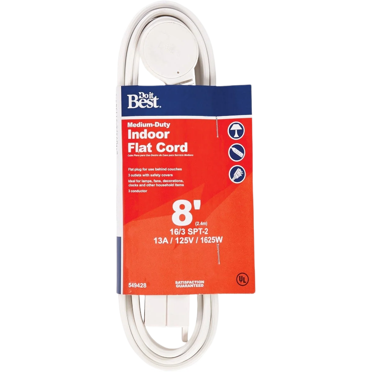 Optimized Do it White 16 2 Flat Plug Extension Cord 8 ft. Recyclable