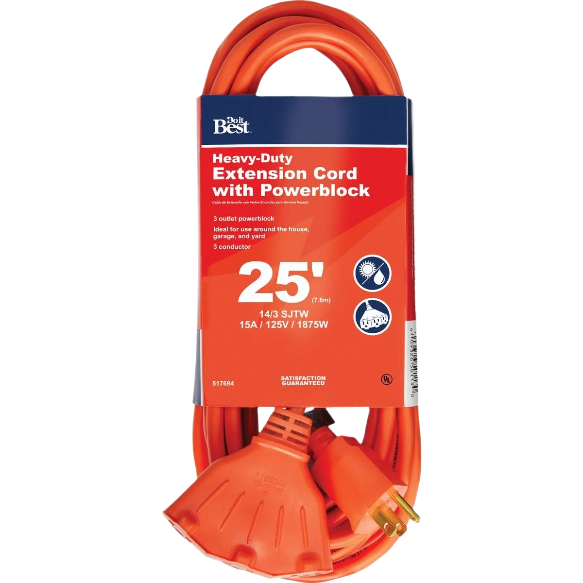 Fine Crafted Do it Orange 14 3 Extension Cord with Powerblock 25 ft. Certified