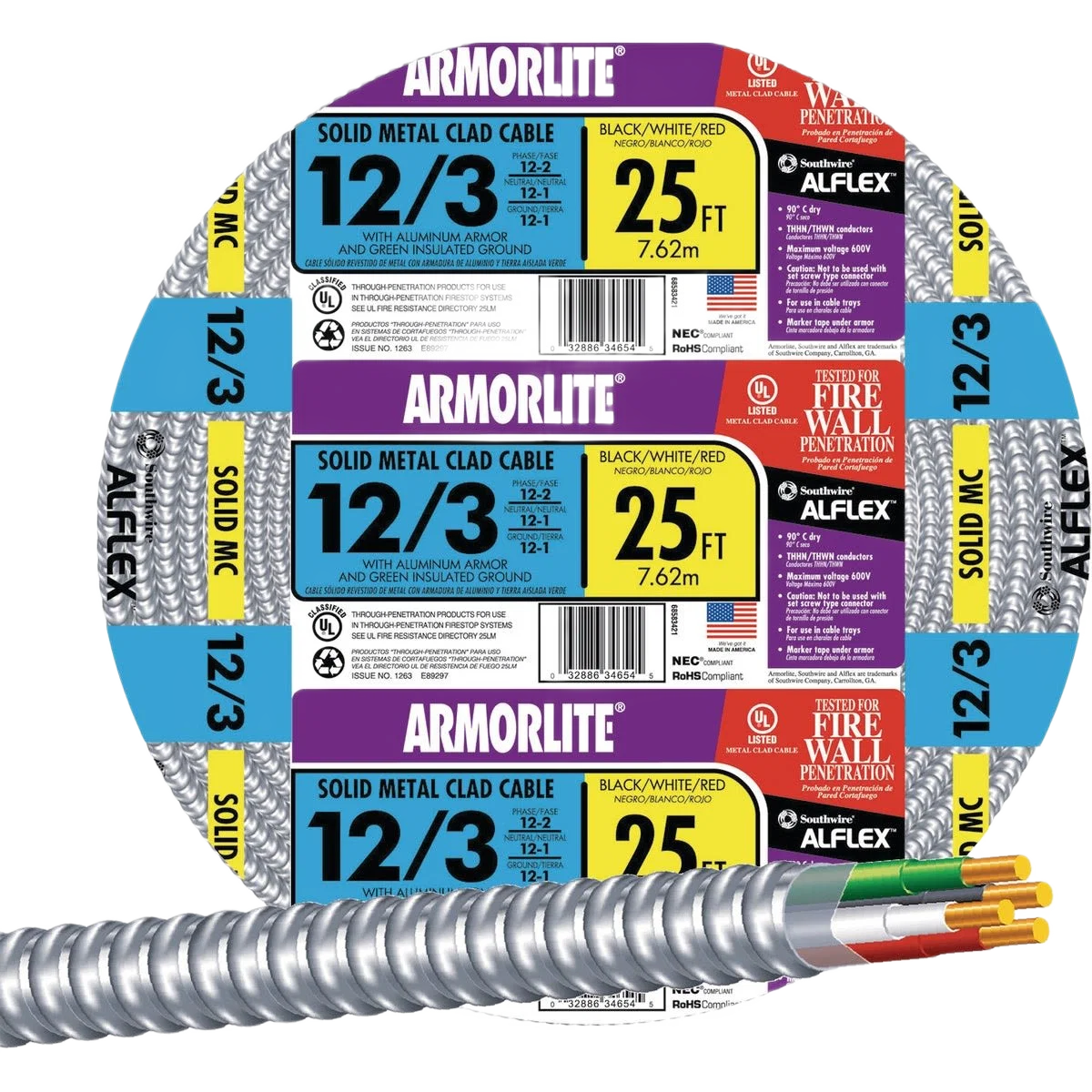 Trusted Southwire 25′ 12 3 MC Aluminum Armored Cable Powerful