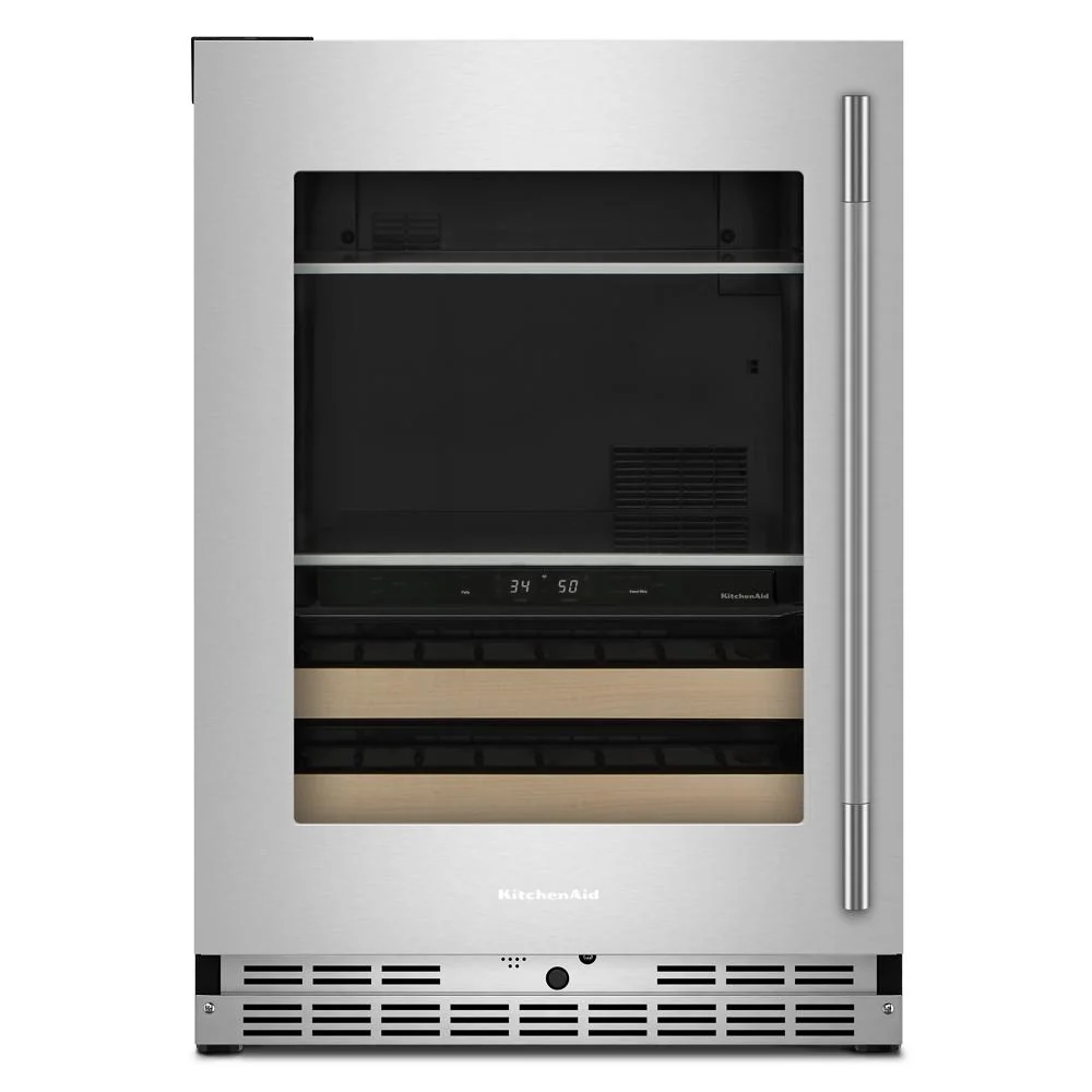 Versatile 4.8 Cu. Ft. 24-Inch Beverage Center with 14-Wine Bottle Capacity and Wood-Front Racks in Stainless Steel with PrintShield® Finish Powerful