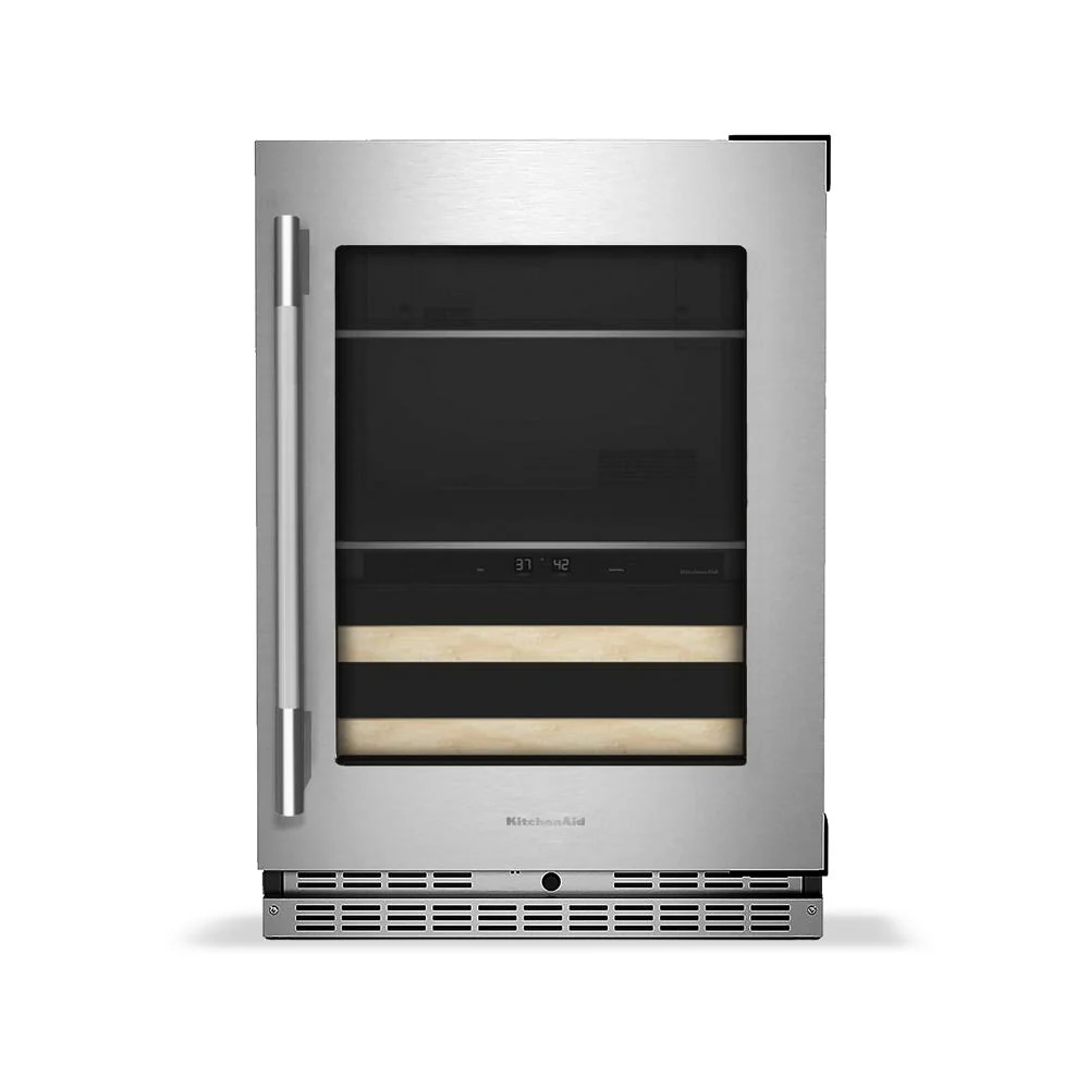 Fine 4.8 Cu. Ft. 24-Inch Beverage Center with 14-Wine Bottle Capacity and Wood-Front Racks in Stainless Steel with PrintShield® Finish Reliable
