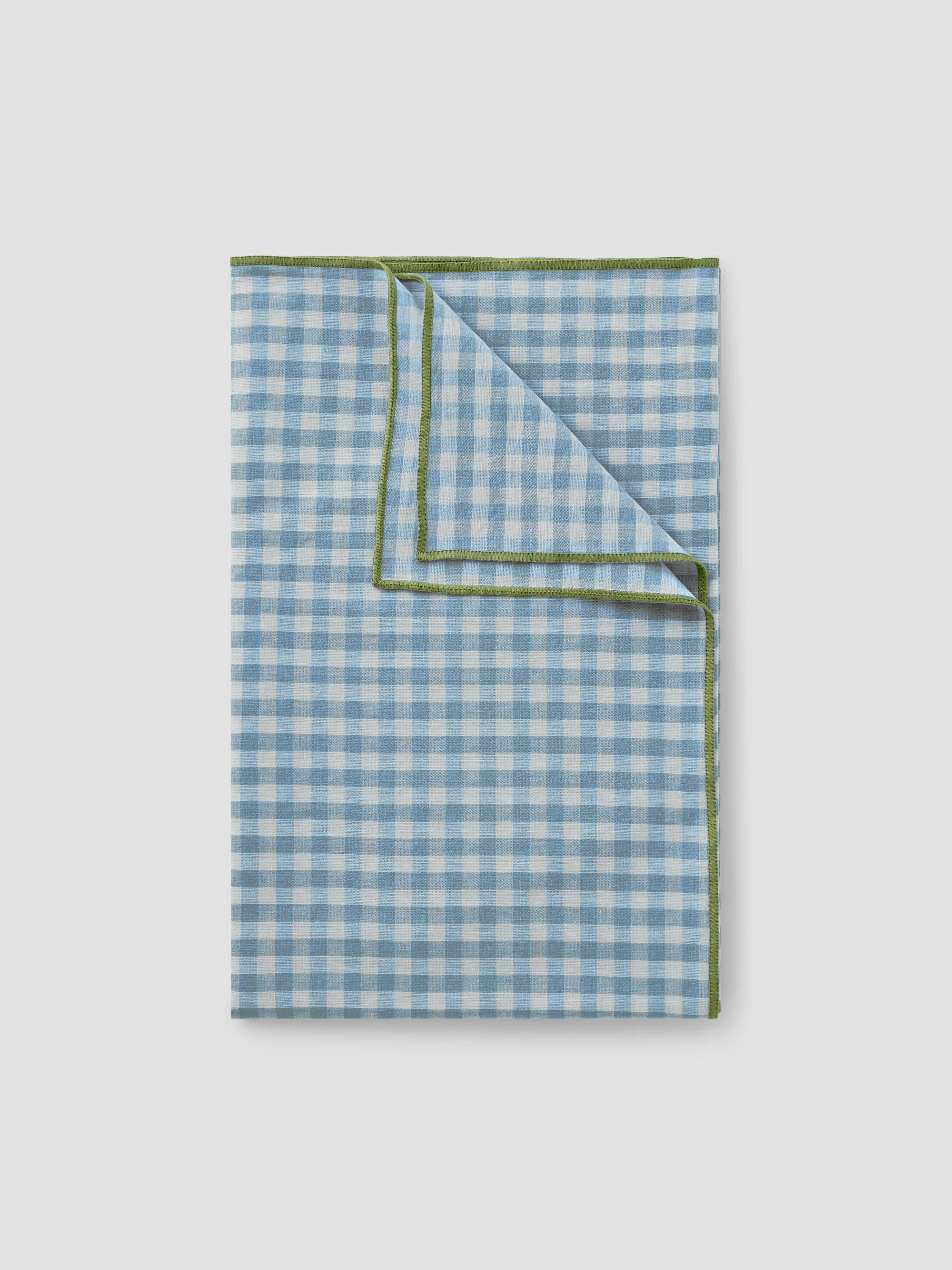 First-Class Warm Blue Gingham Linen Table Runner Sustainable