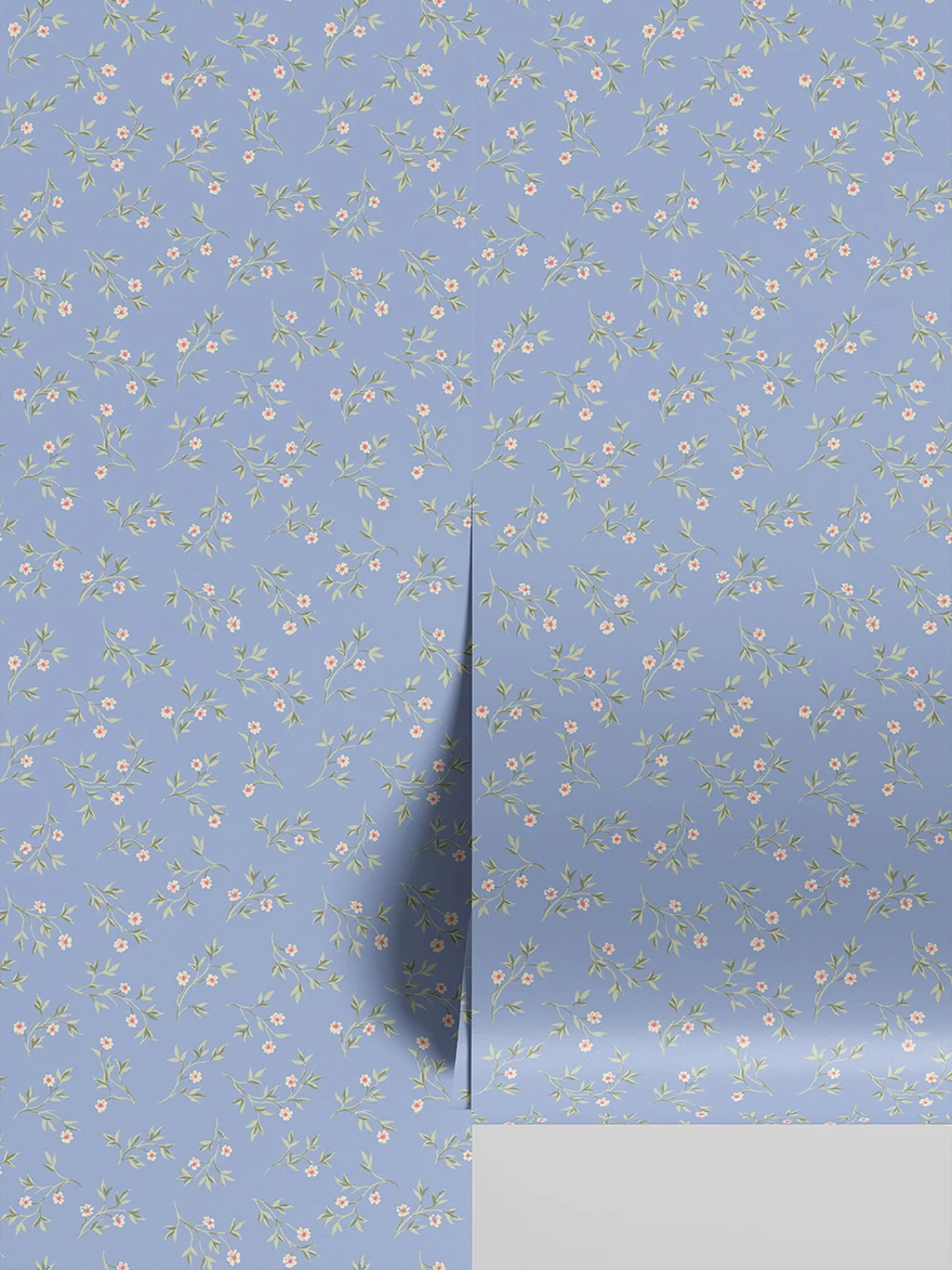 Trendy Meadow Blue Spring Sprig Wallpaper First-Class