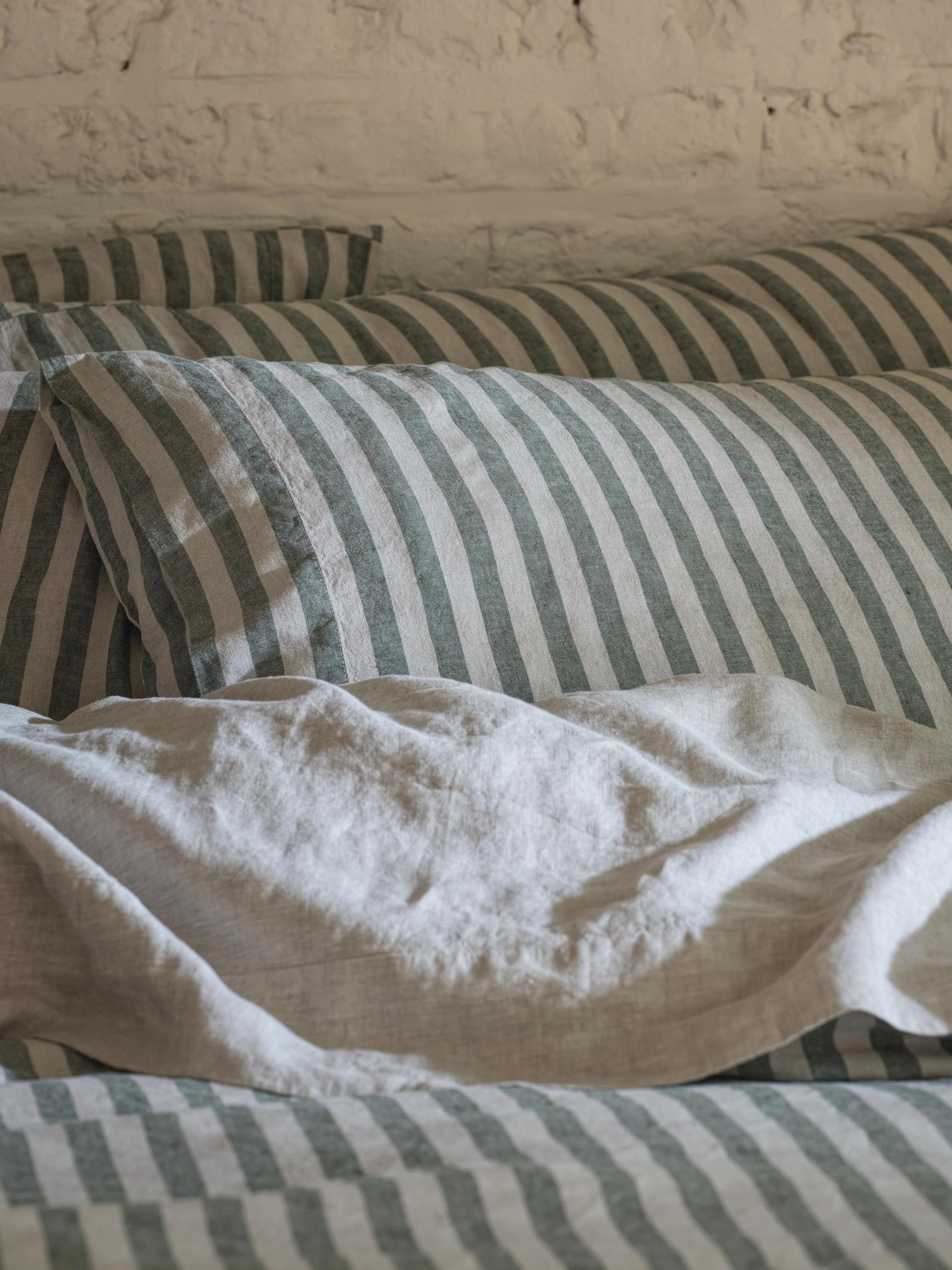 Fashionable Fern Green Pembroke Stripe Linen Blend Pillowcases Pair Natural