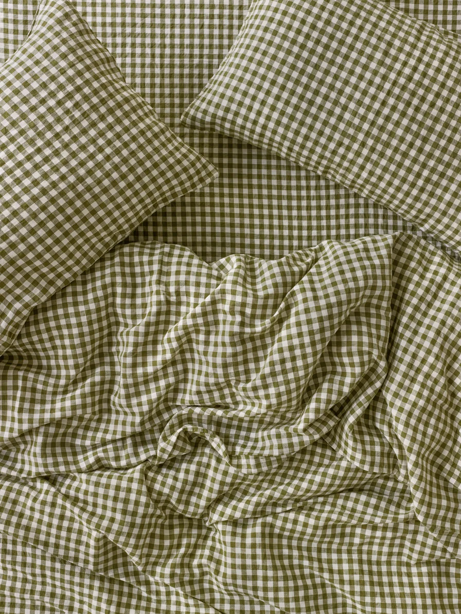 Powerful Botanical Green Gingham Linen Blend Duvet Cover Secure