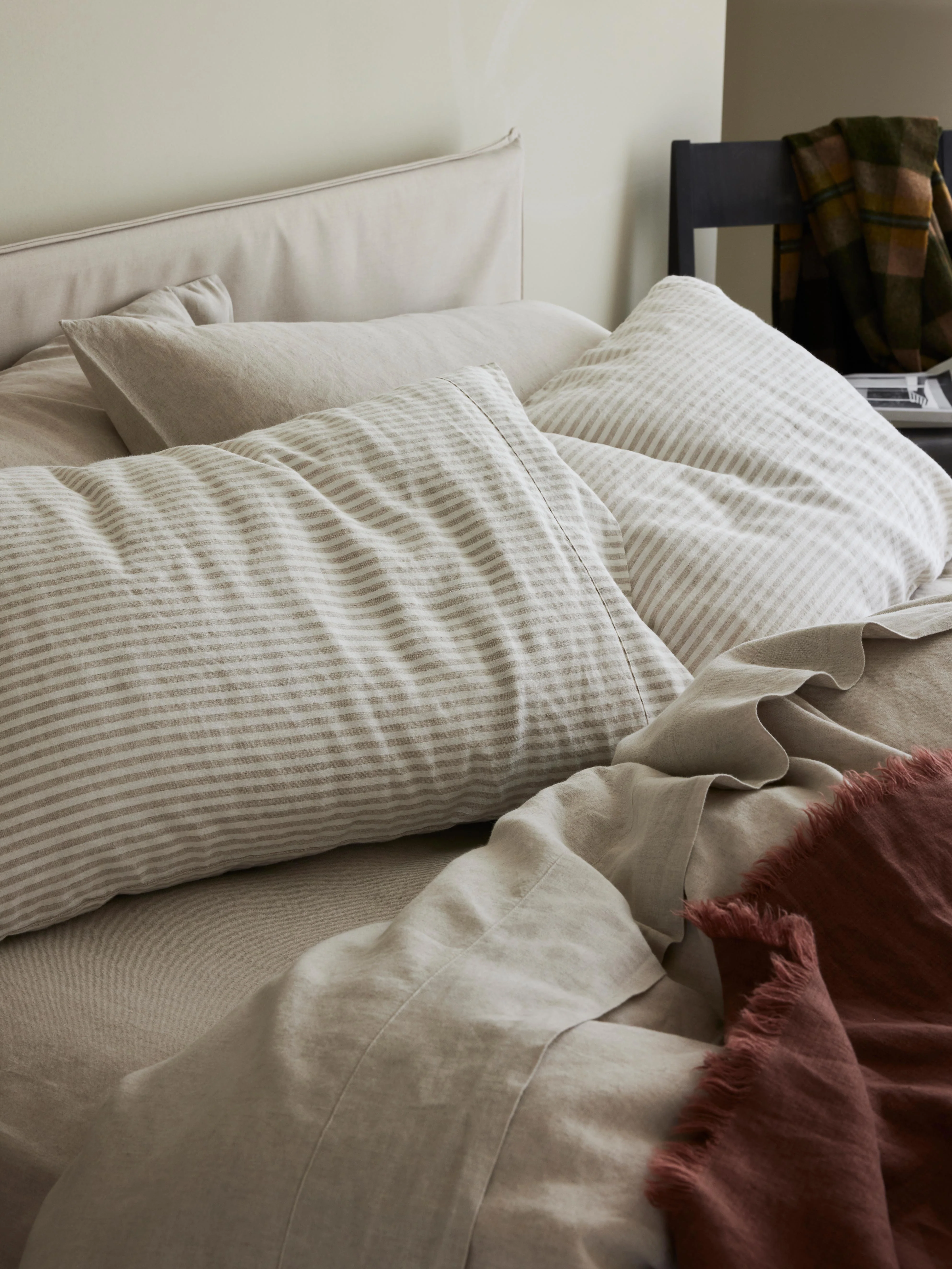 Recyclable Oatmeal Stripe Linen Blend Pillowcases Pair First-Class