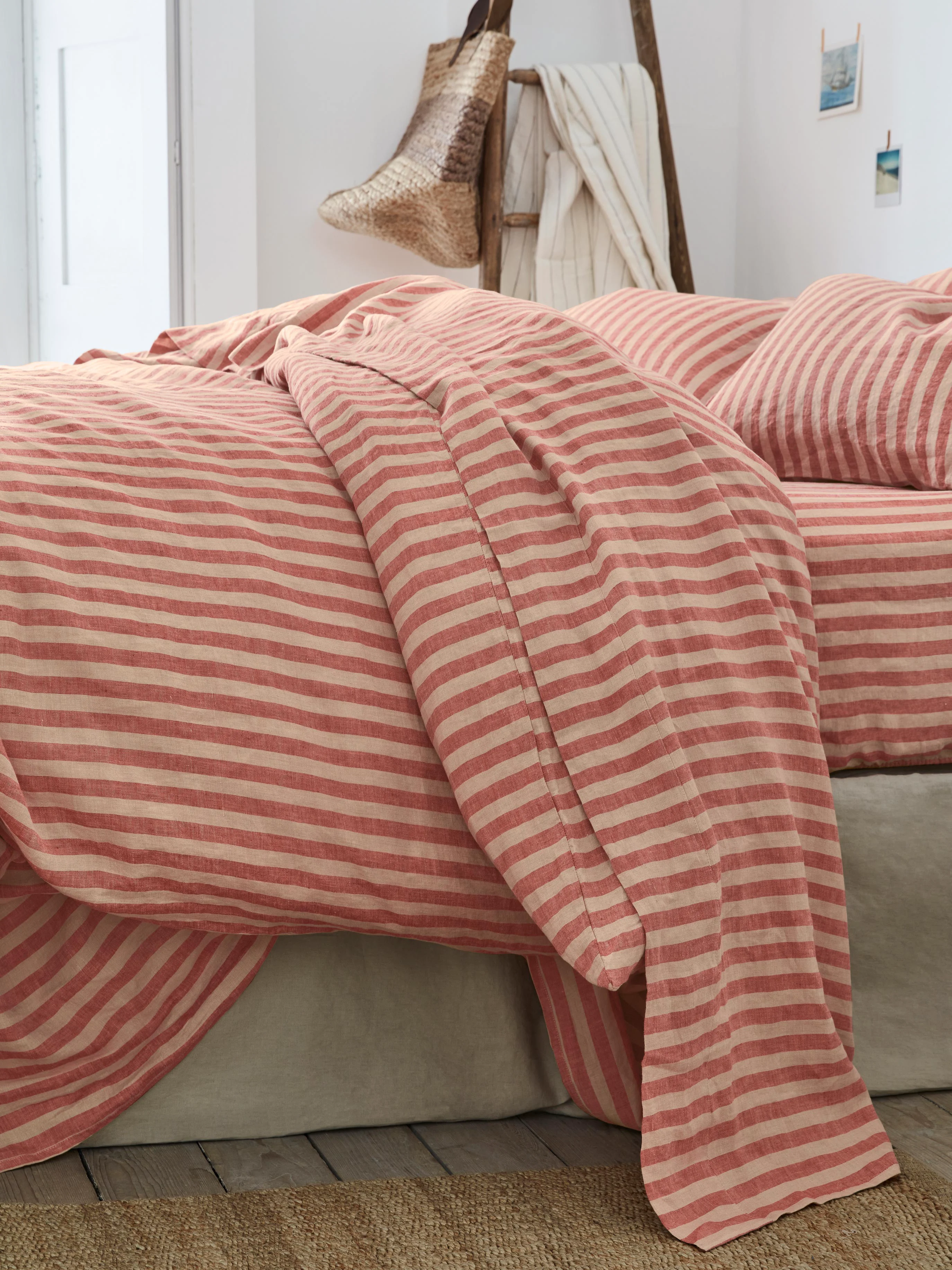 Solid Sandstone Red Pembroke Stripe Linen Blend Flat Sheet Lightweight