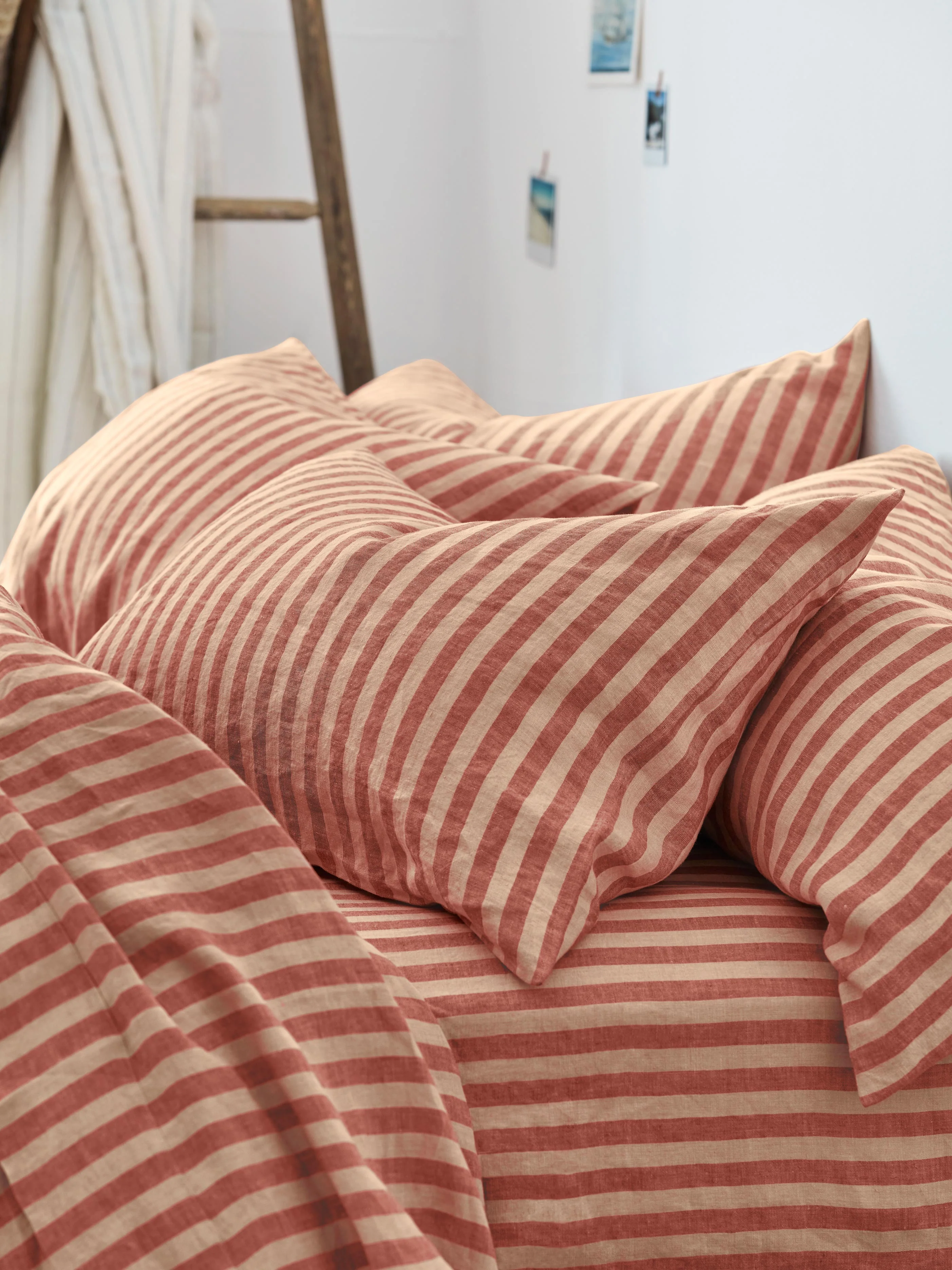 Environmentally Friendly Sandstone Red Pembroke Stripe Linen Blend Pillowcases Pair Fashionable