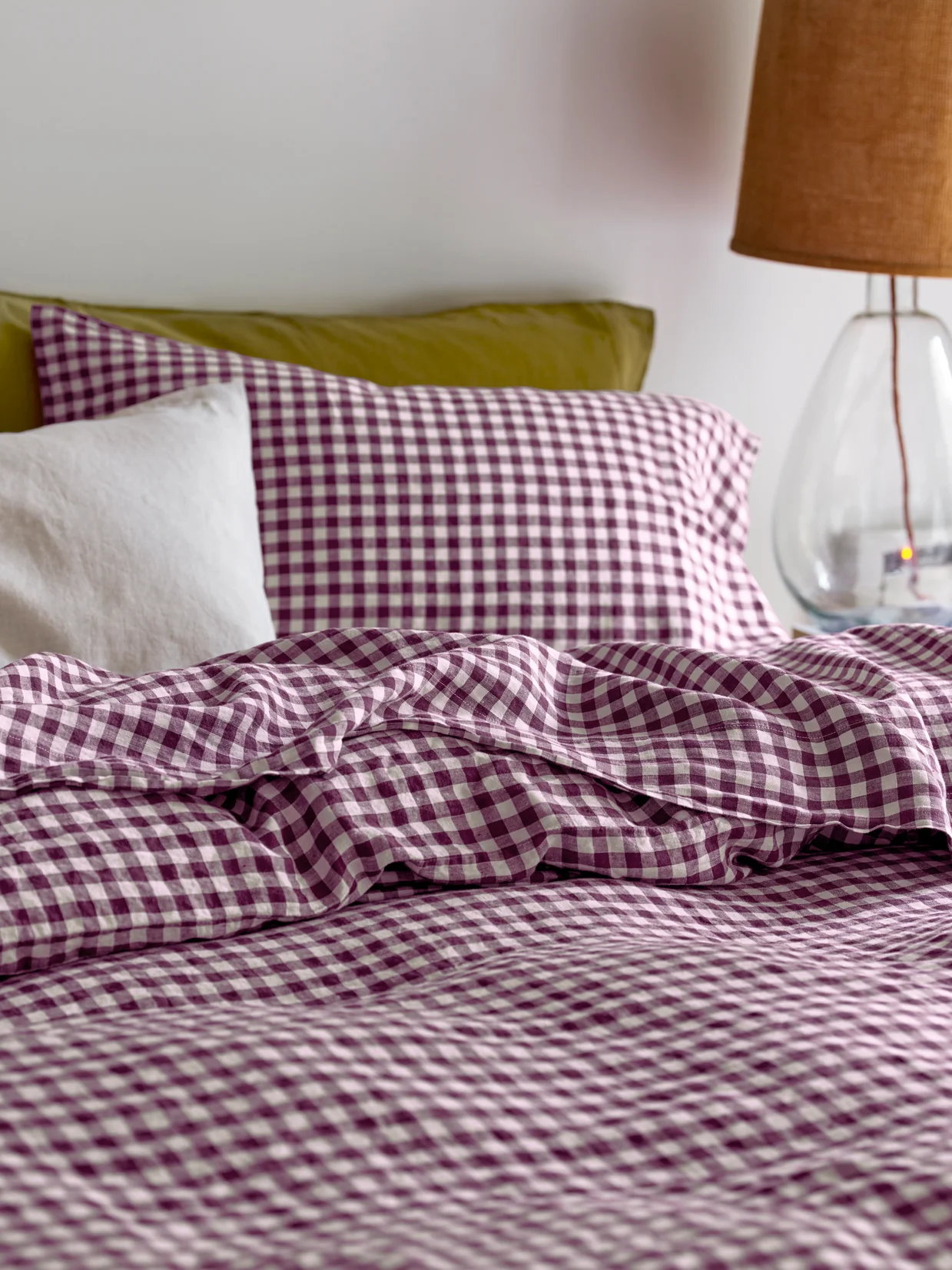 Durable Berry Gingham Linen Blend Flat Sheet Enhanced