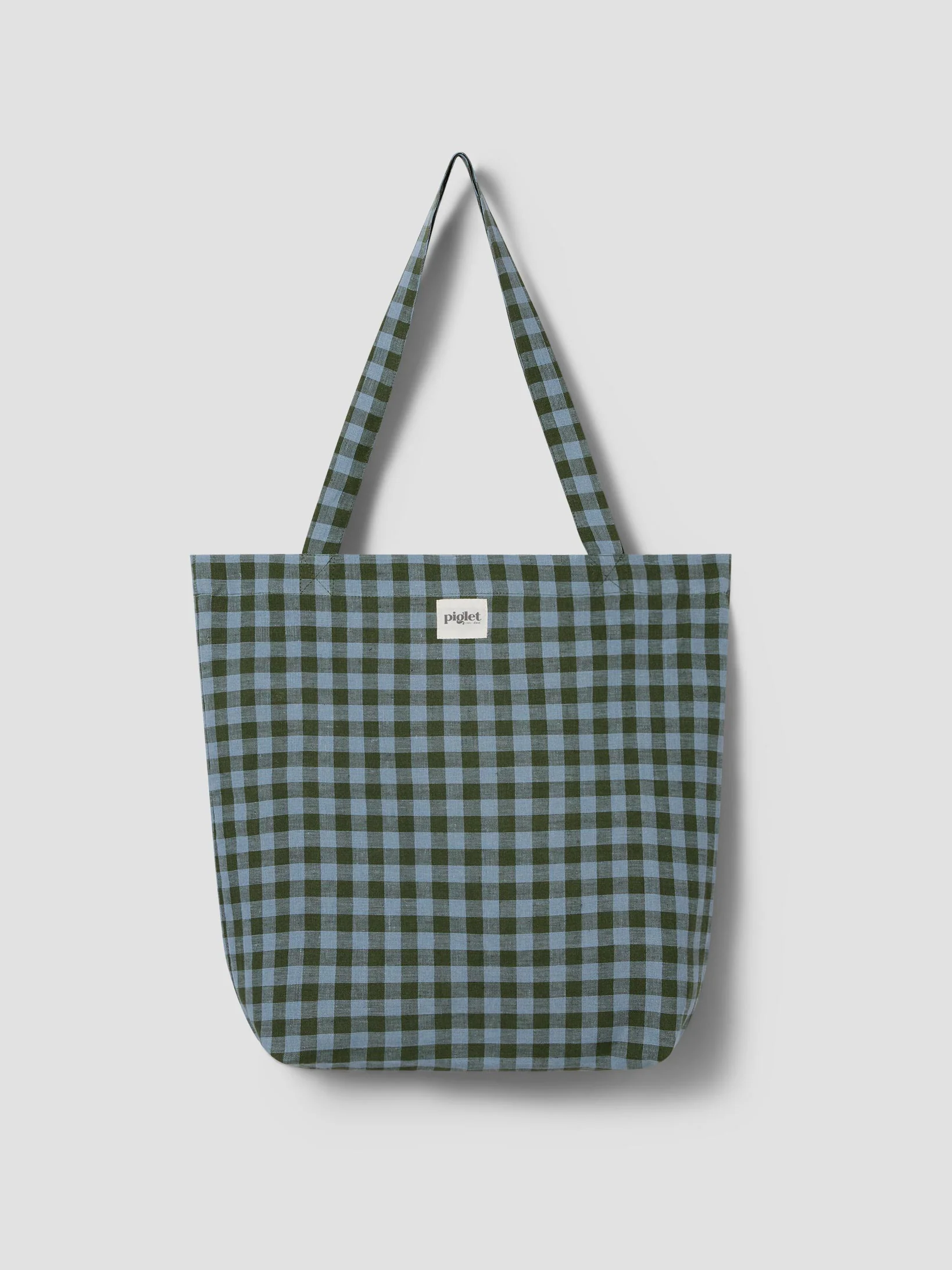 Convenient Fern Green Dusk Blue Colour Drenched Gingham Linen Blend Tote Bag Selected