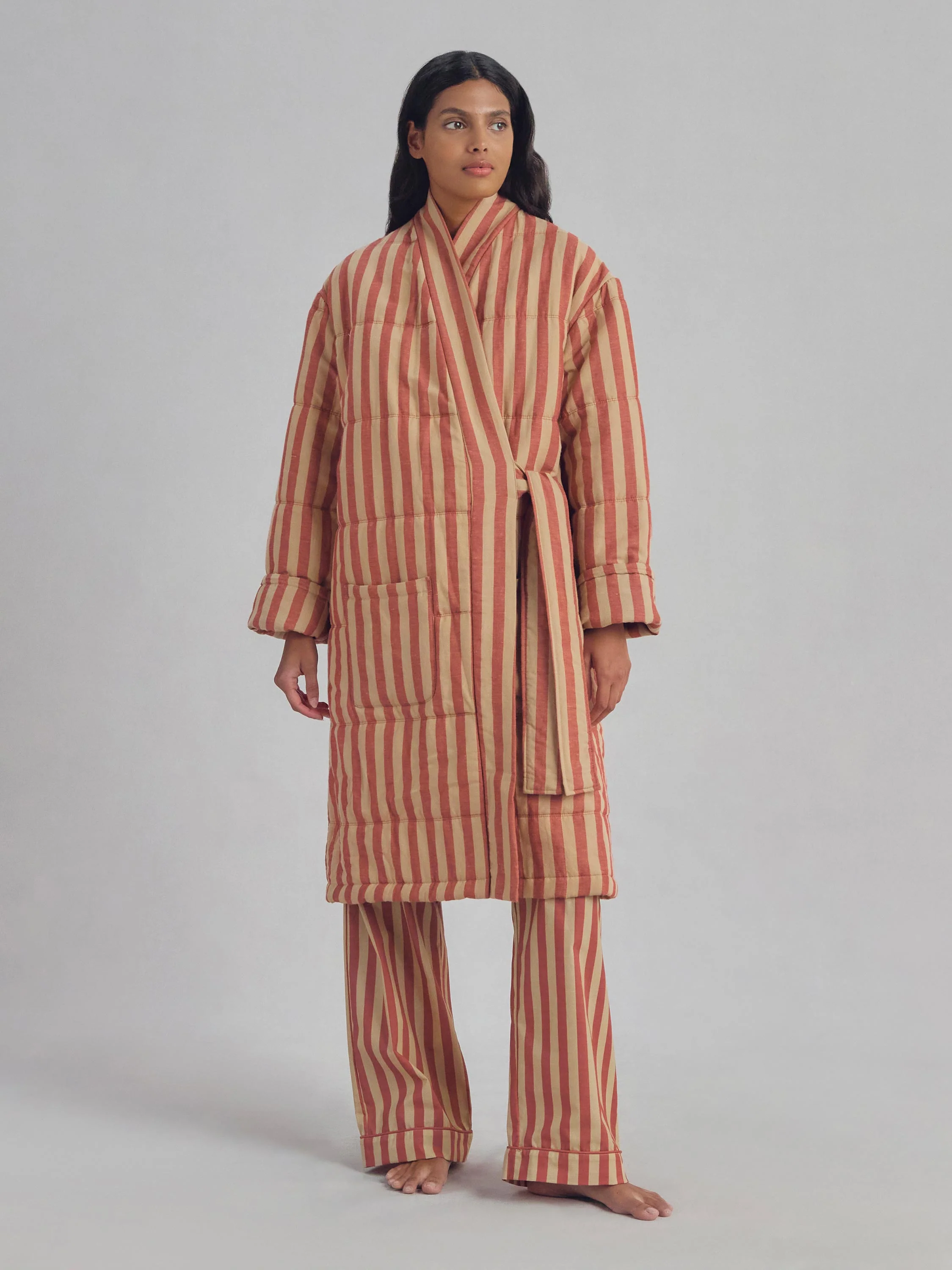 Advanced Sandstone Red Pembroke Stripe Linen Blend Housecoat High-Grade