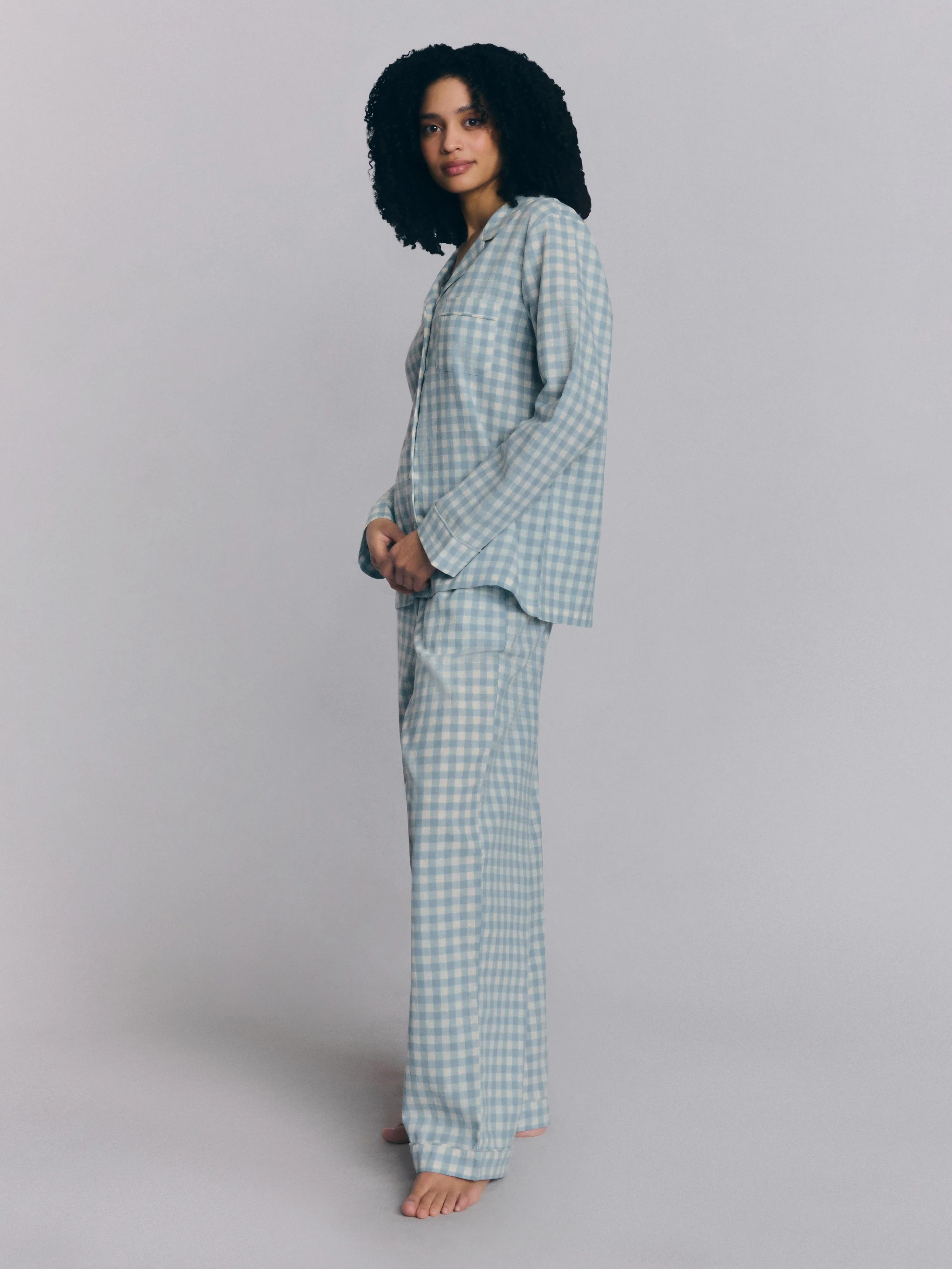 Soft Warm Blue Gingham Linen Blend Pyjama Trouser Set Fast