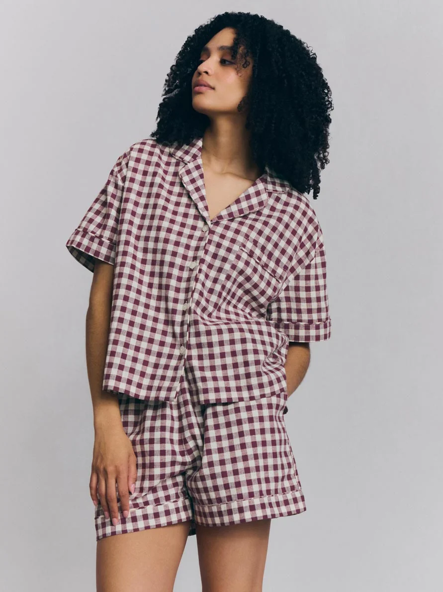 Premium Material Berry Gingham Linen Blend Pyjama Short Set Artisan