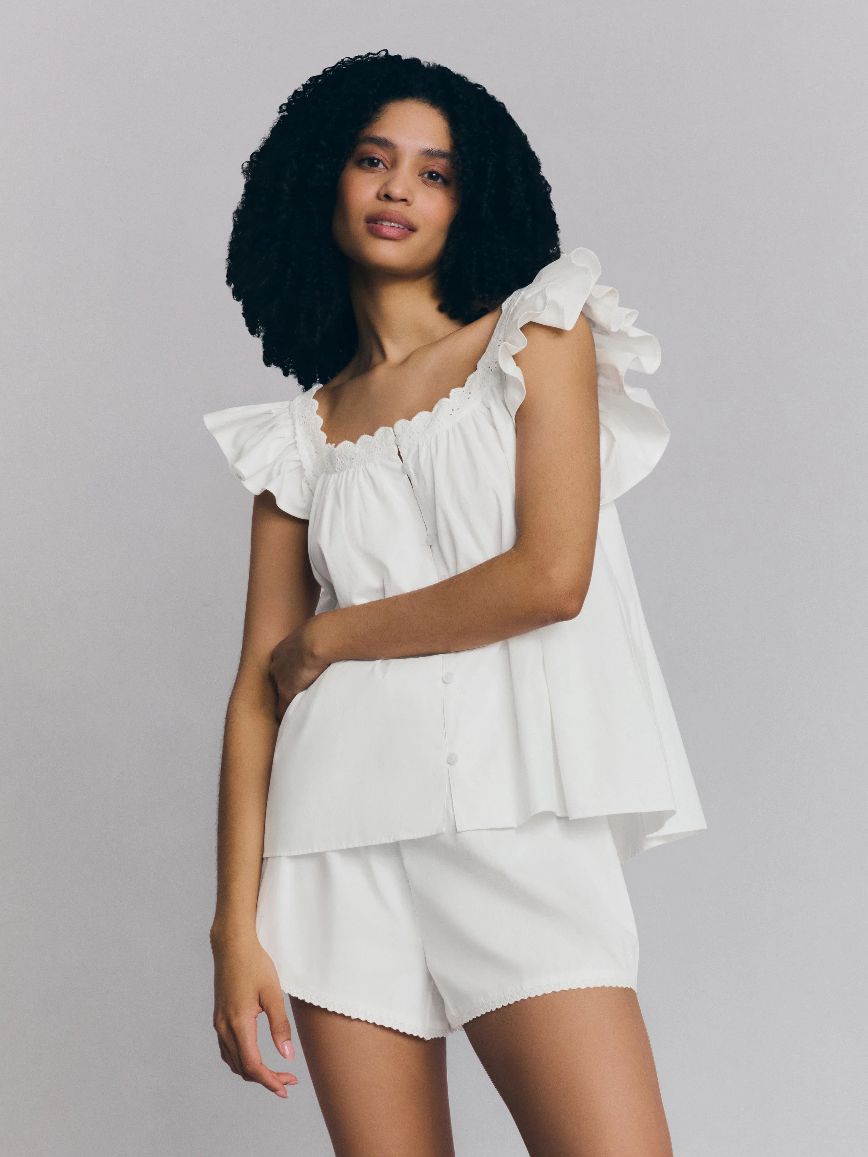 First-Class White Embroidered Cotton Frill Cami Shorts Set Pure