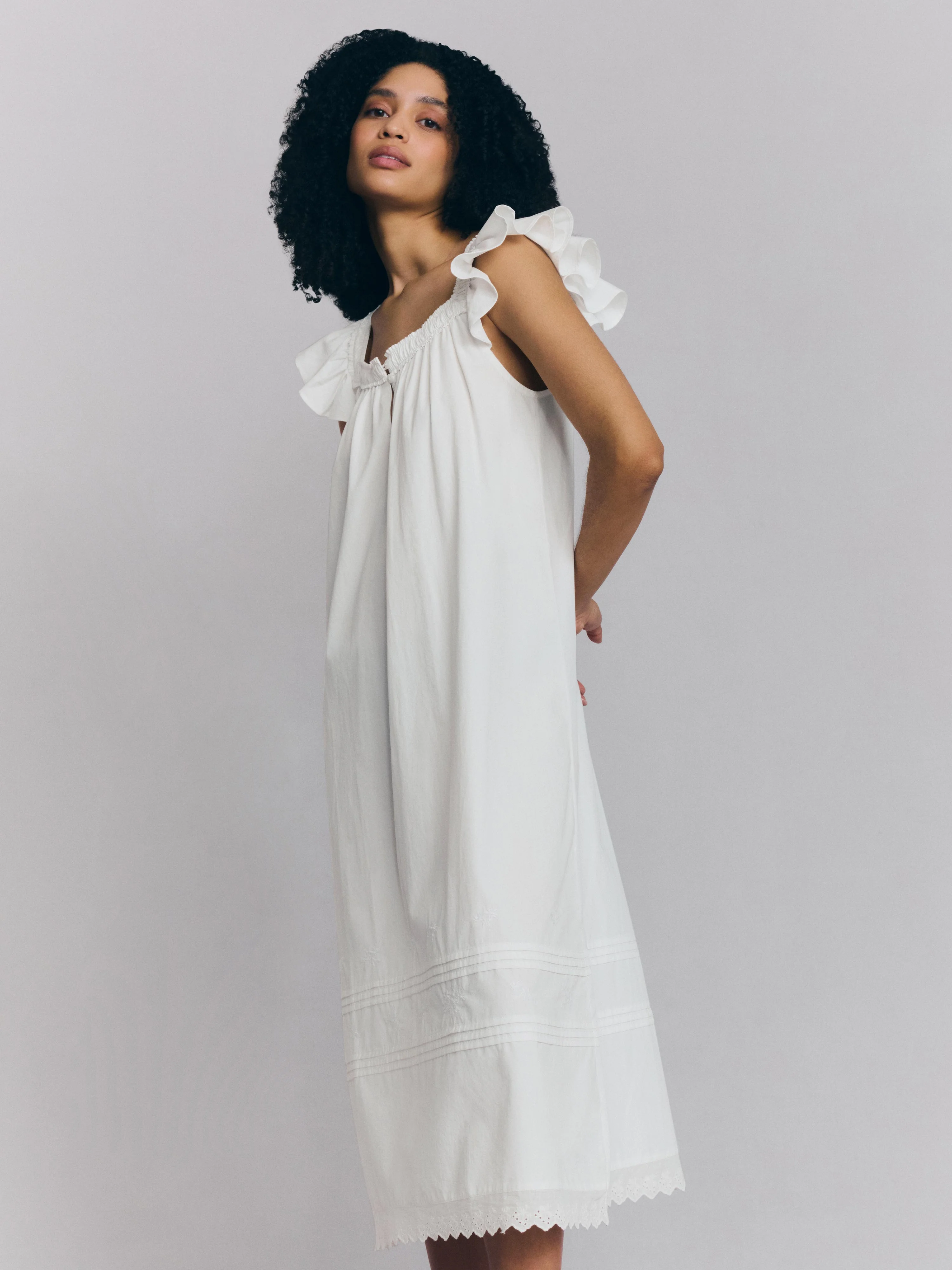 Stylish White Floral Embroidered Cotton Frill Nightie Powerful