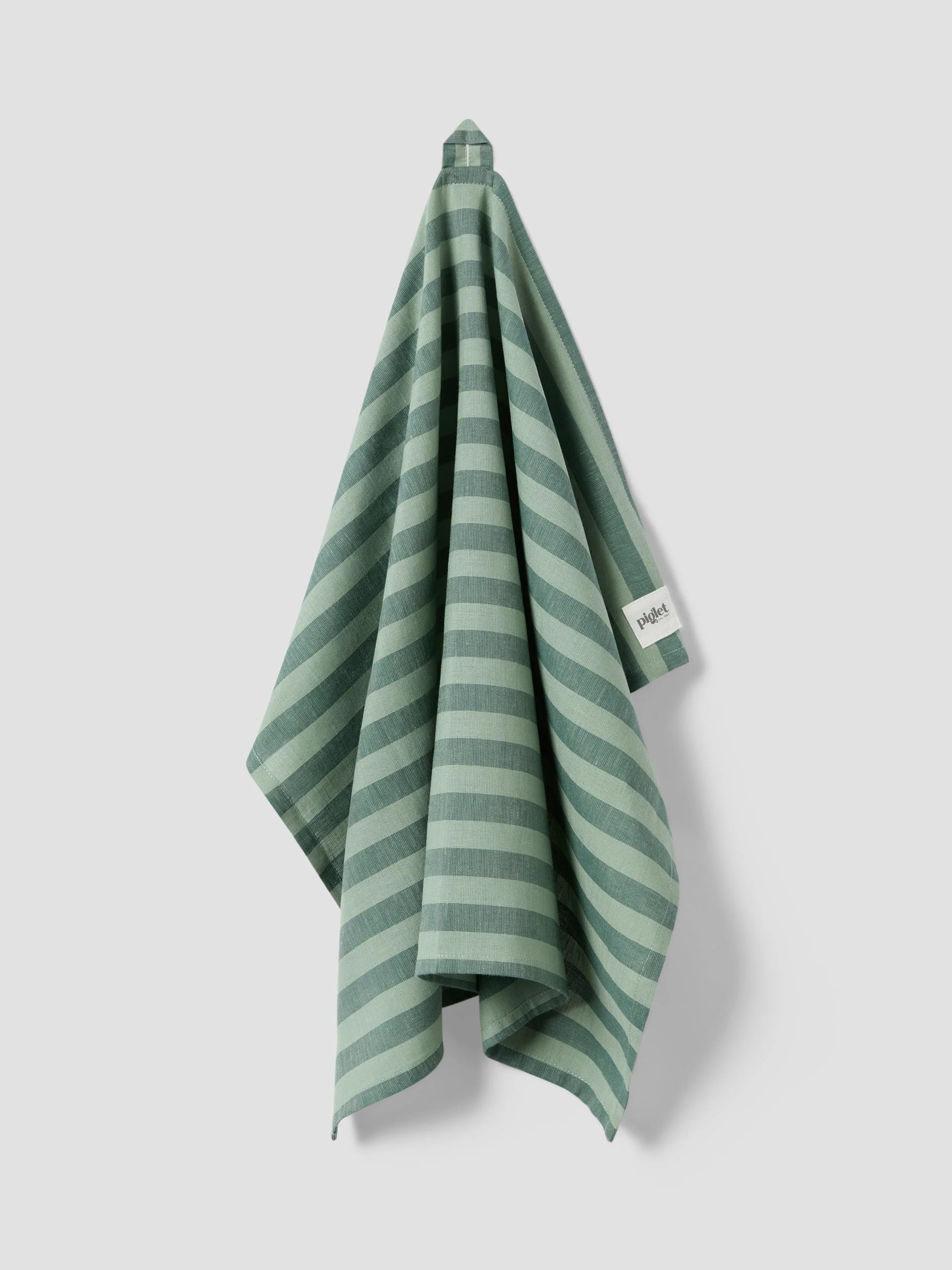 Organic Pine Green Pembroke Stripe Linen Blend Tea Towel Clean