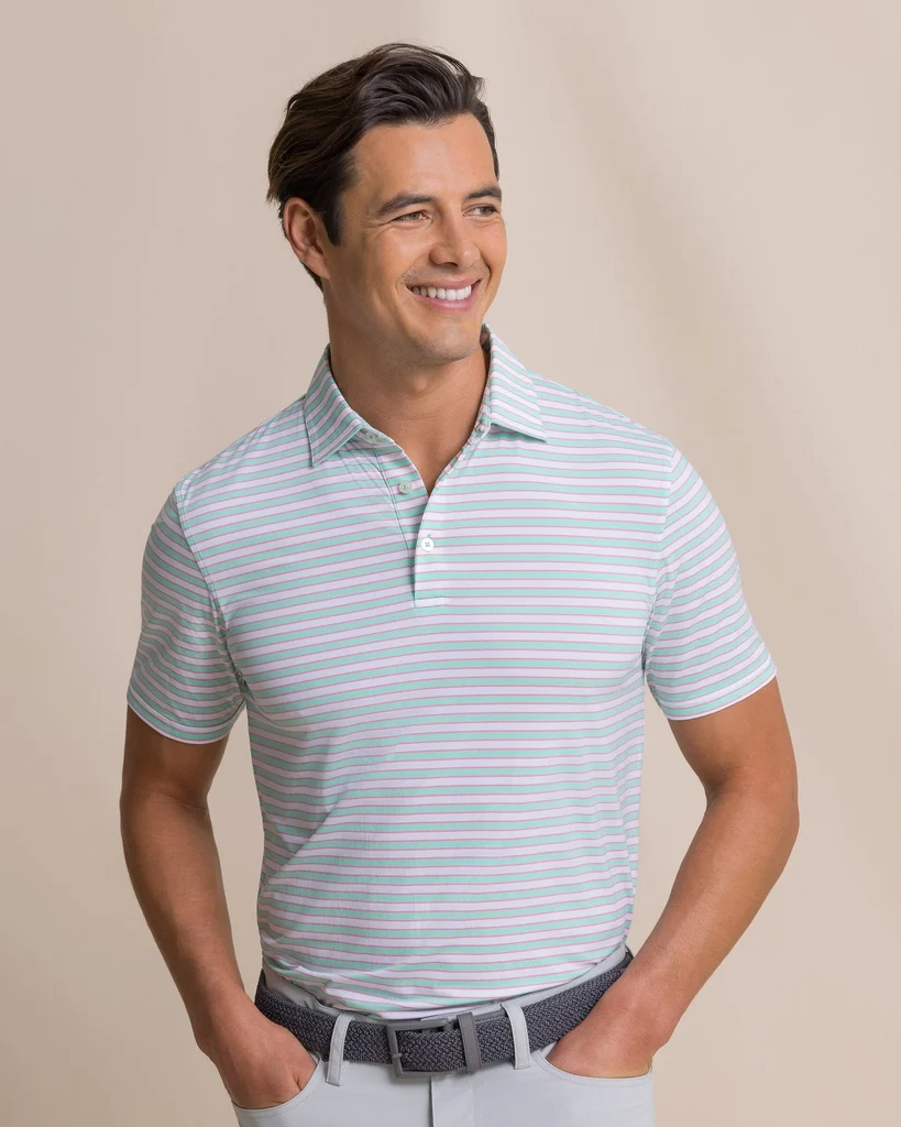 Trusted Water Way Stripe Coastal Breeze® Performance Polo Detailed