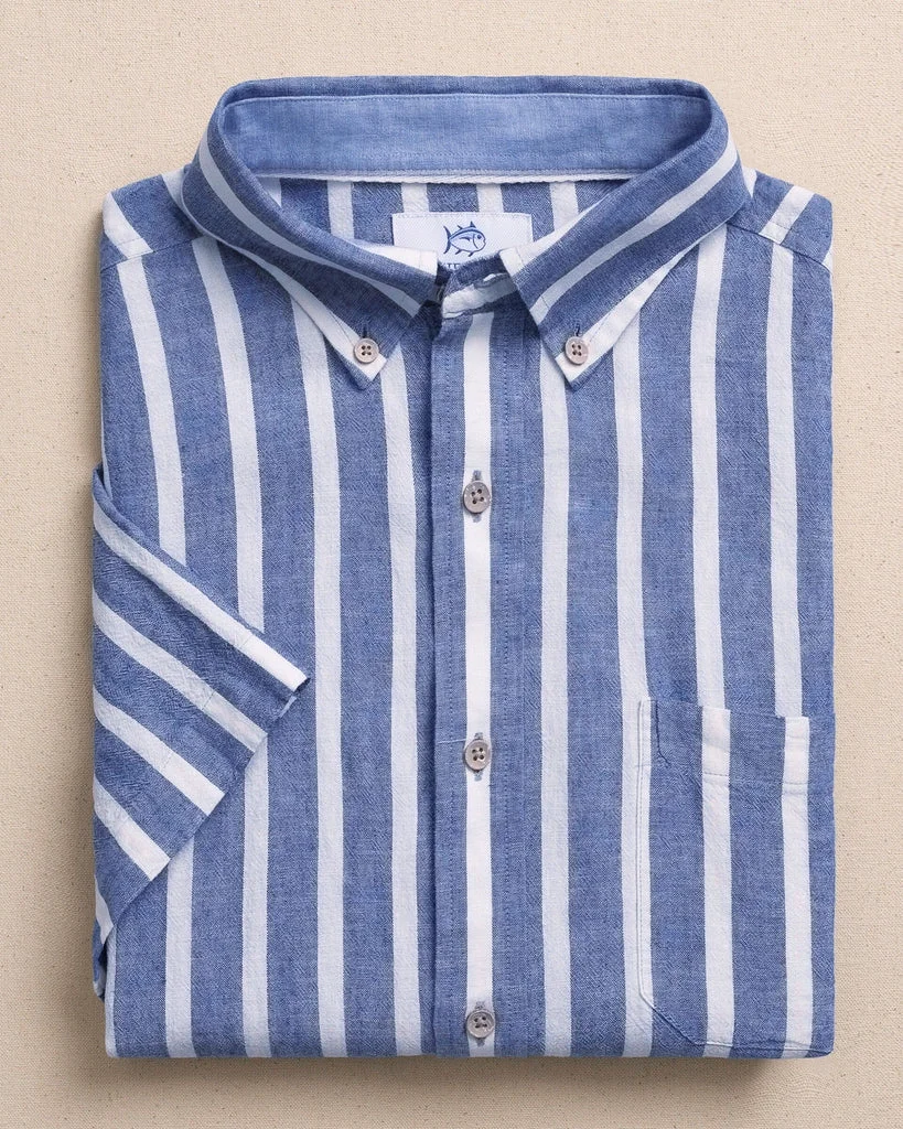 Refined Seamark Stripe Linen Rayon Short Sleeve Sport Shirt User-Friendly