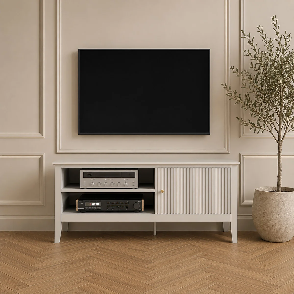 Dependable Large Taupe Wooden Fluted TV Cabinet Media Unit – 120cm x 50cm 47 TV’s – Hales Taupe Range Quality