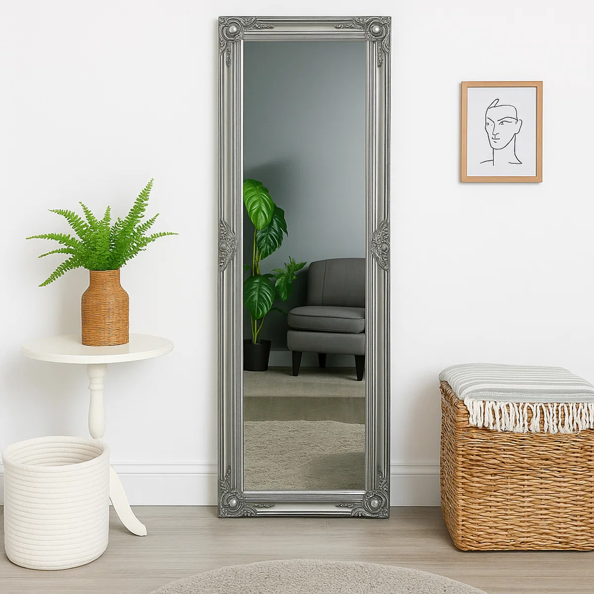First-Class Tall Silver Ornate Mirror 47cm x 142cm Contemporary