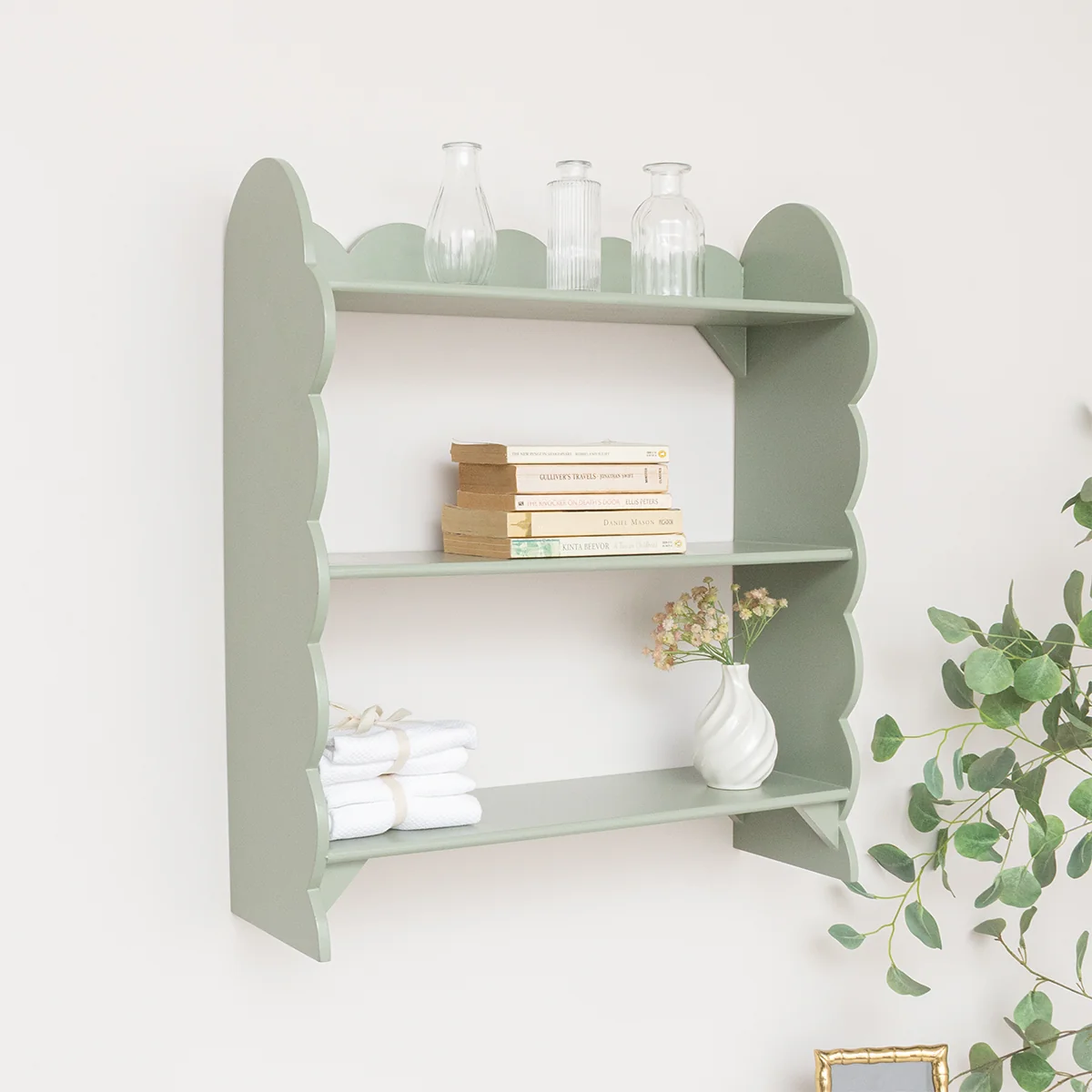 Clean Sage Green Scalloped Wall Shelf with 3 Shelf Units Genuine
