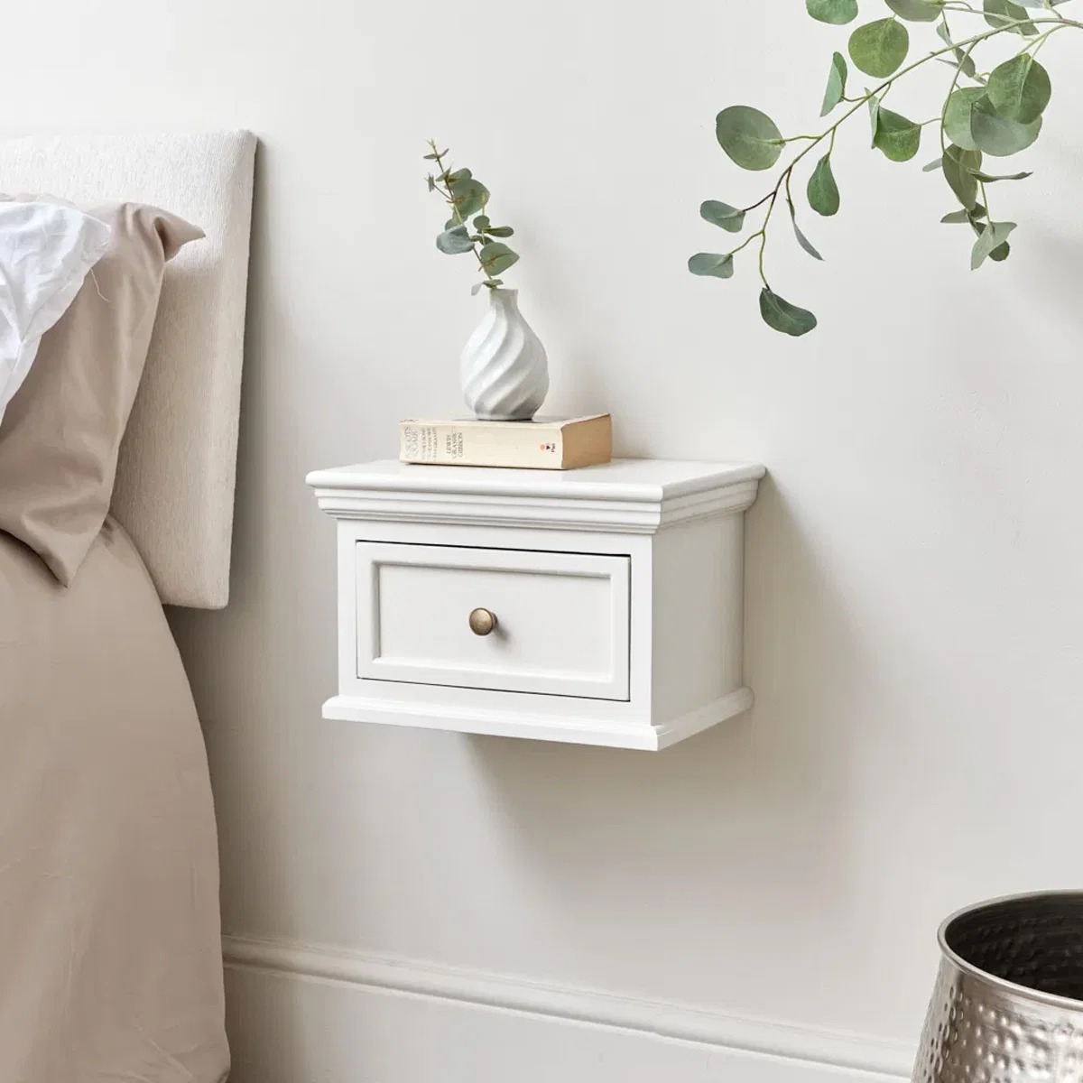 Practical White Wall Mounted Bedside Table – Daventry White Range Minimalist