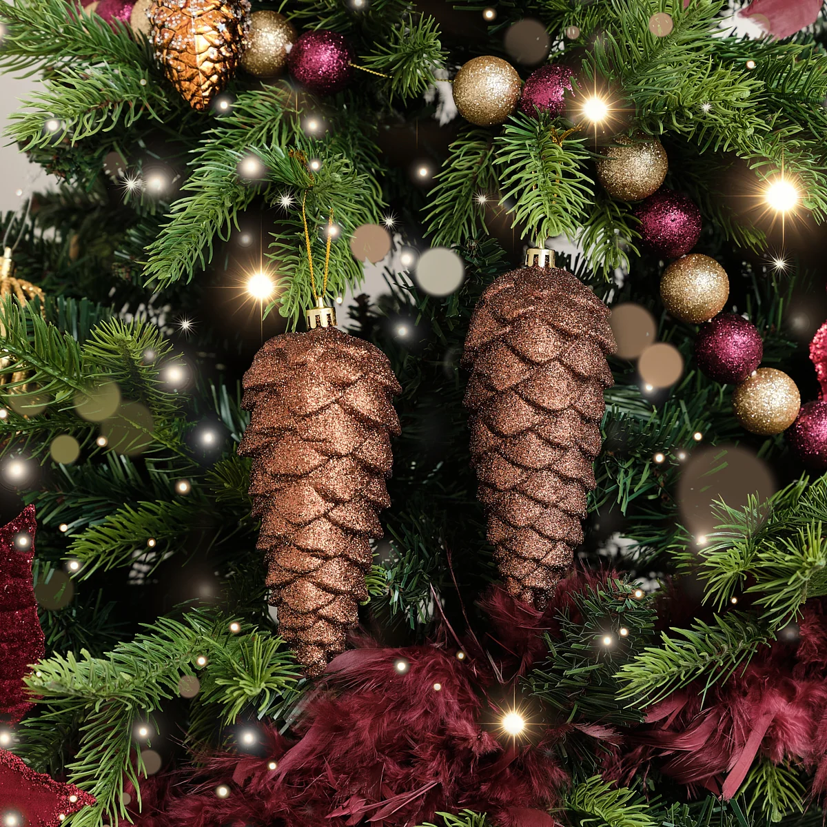 Verified Set of 2 Tan Glittered Pinecone Bauble Decoration – 12cm Certified