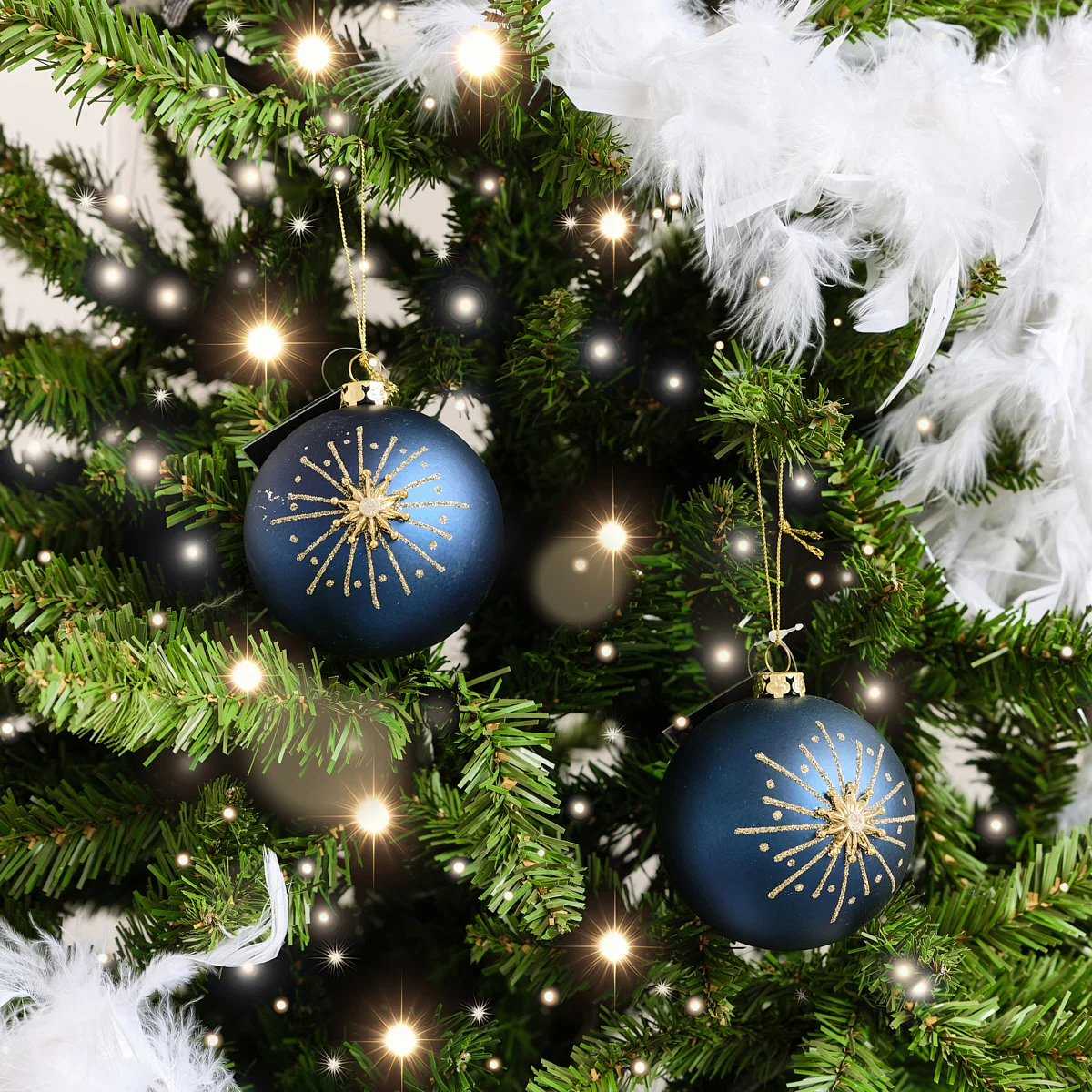 Detailed Set of 2 Navy Blue Gold Glittered Starburst Baubles – 8cm Reliable