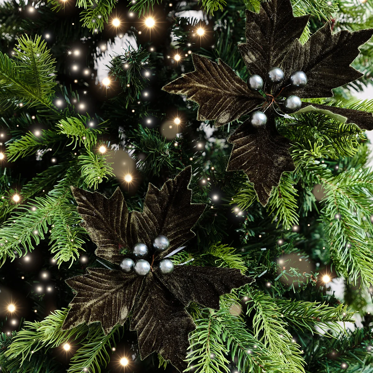 Versatile Set of 2 Green Velvet Poinsettia Picks Decorations – 20cm Classic