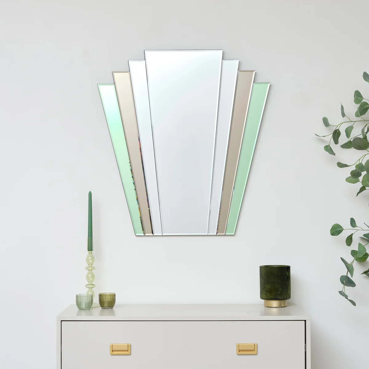 Practical Green Mocha Glass Art Deco Fan Wall Mirror 75cm x 68cm Unique