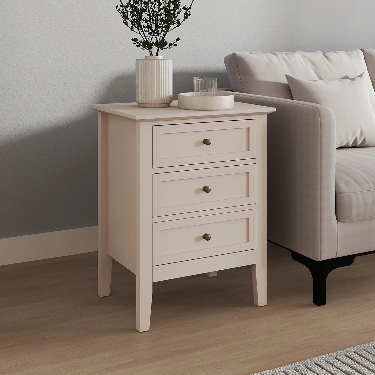 Responsible 3 Drawer Bedside Table – Rowley Taupe Grey Range Prestigious