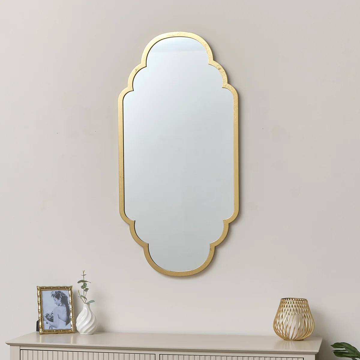 Secure Gold Foiled Curved Scalloped Framed Wall Mirror 50cm x 100cm Powerful