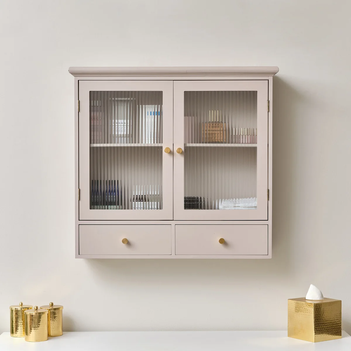Lightweight Pink Reeded Glass Wall Cabinet with Drawers Green