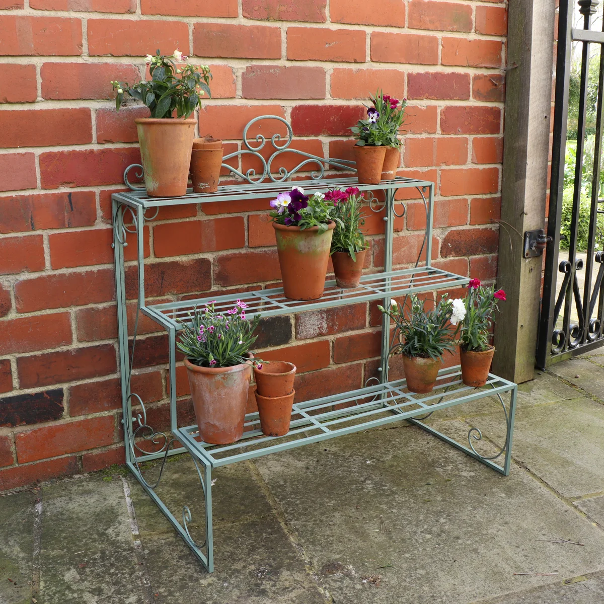 User-Friendly Sage Green Metal Three Tier Plant Theatre Stand High-End