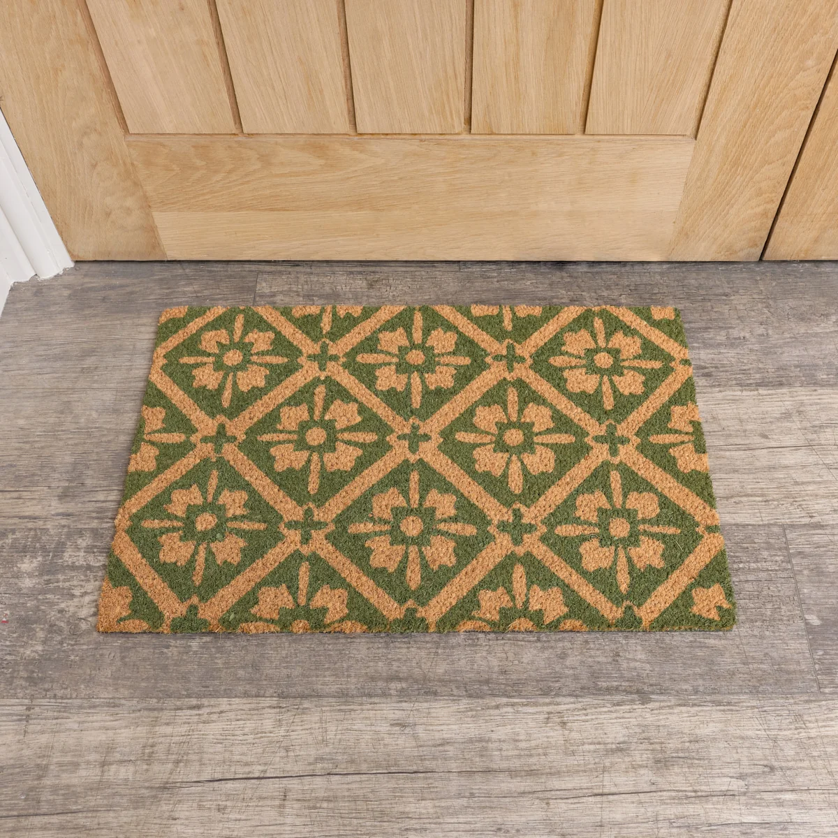Enhanced Green Natural Geometric Tile Print Coir Door Mat Comfortable