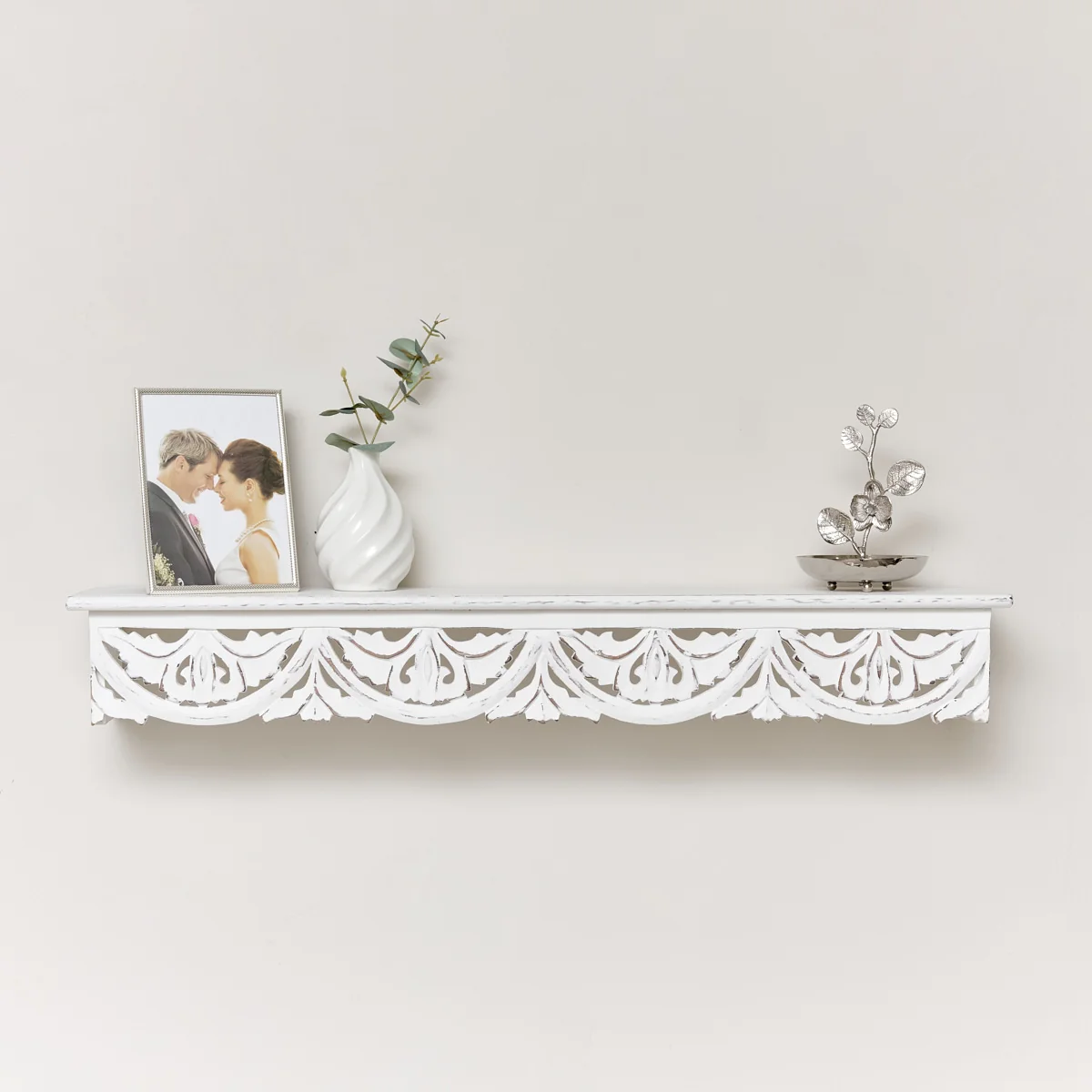 Crafted Large White Wooden Carved Boho Wall Shelf – 81cm Casual