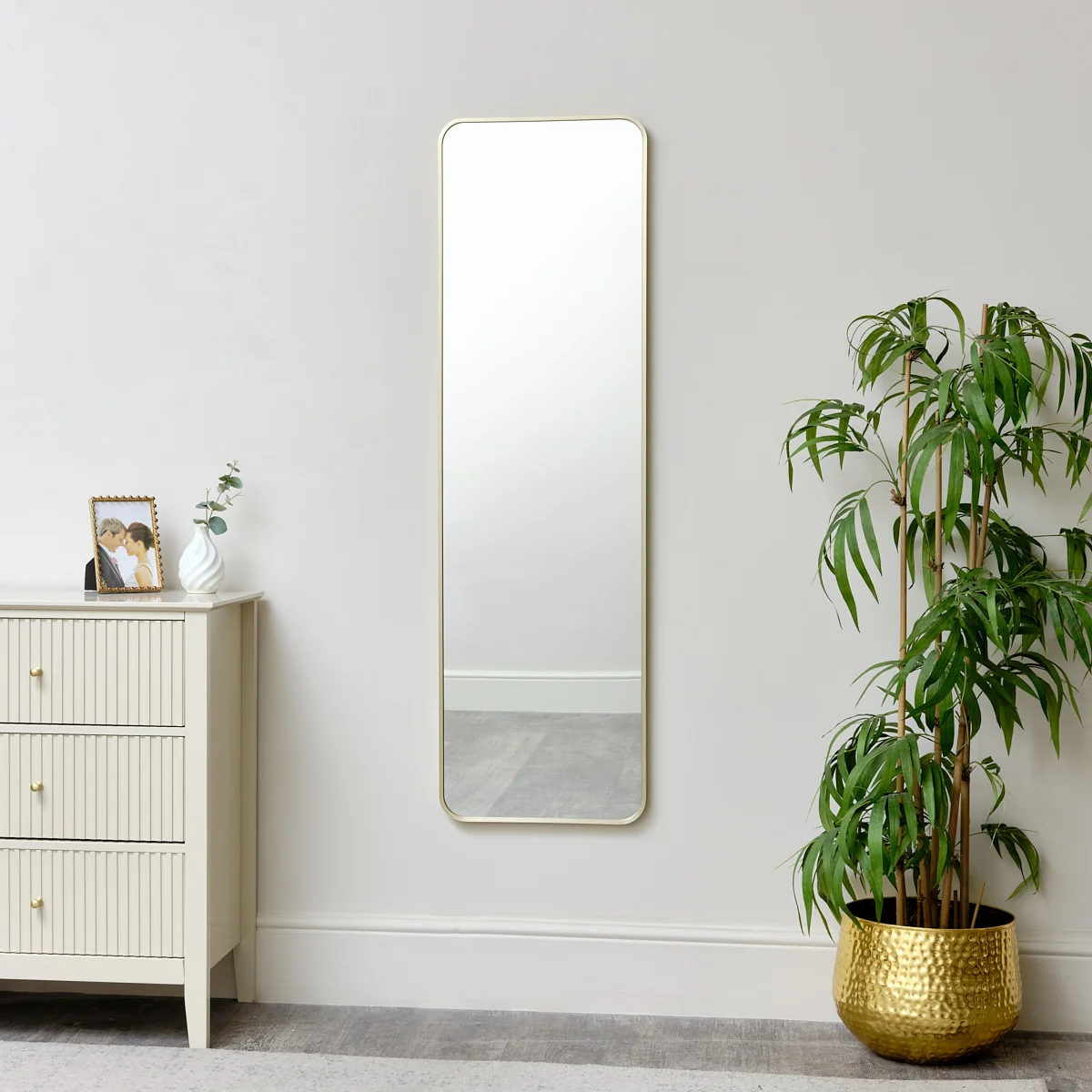 World-Class Tall Gold Curved Framed Wall Leaner Mirror 135cm x 40cm Environmentally Friendly