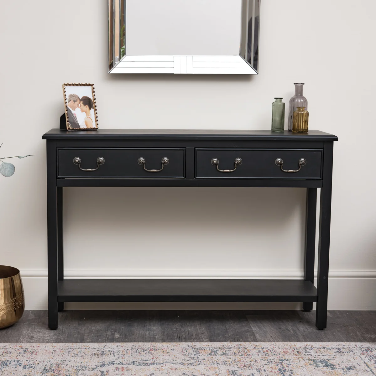 Functional Large Black 2 Drawer Console Table Detailed
